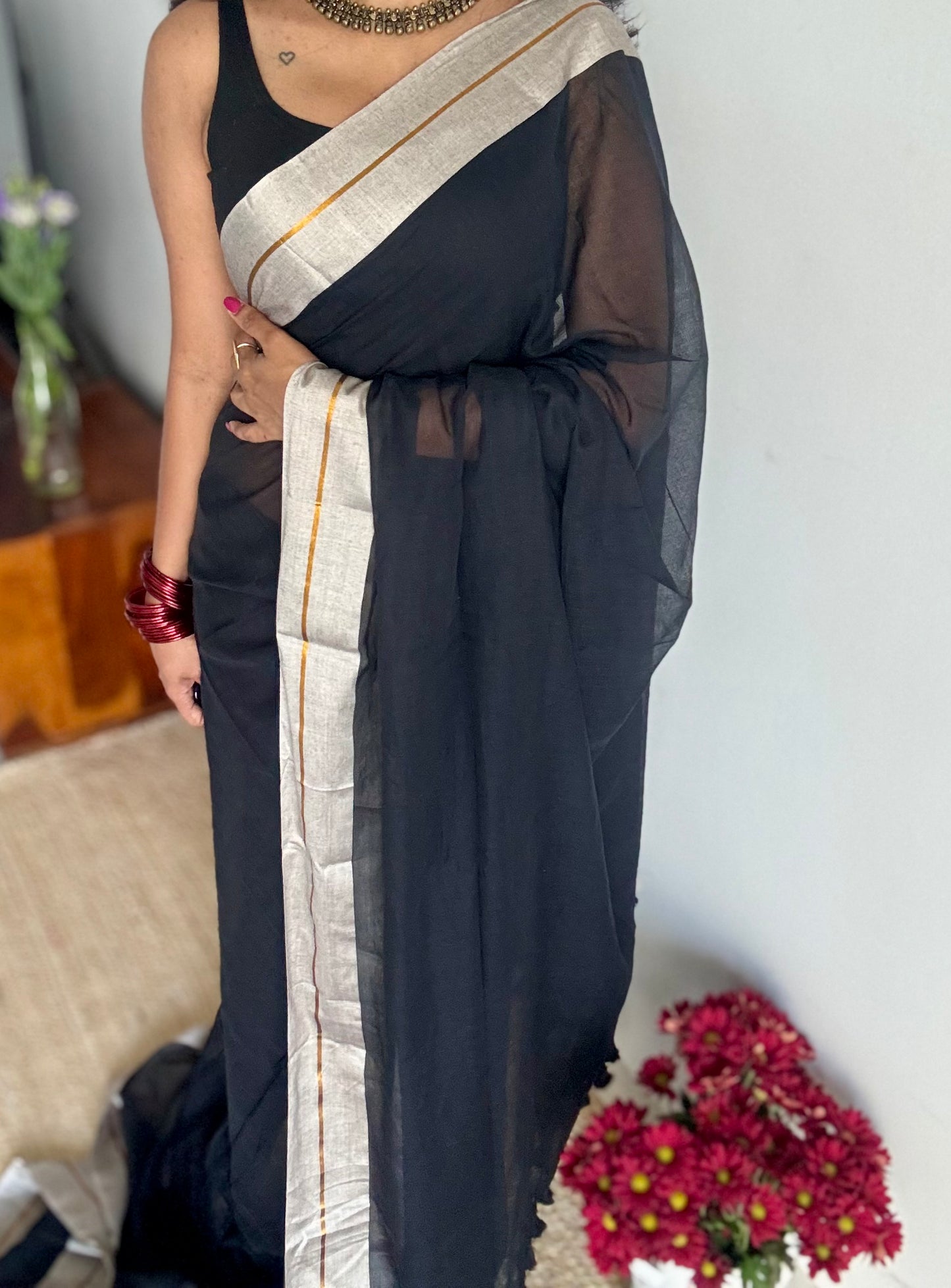 Black with grey border mul, thin antique gold zari gap border - YCBCMCLSE43
