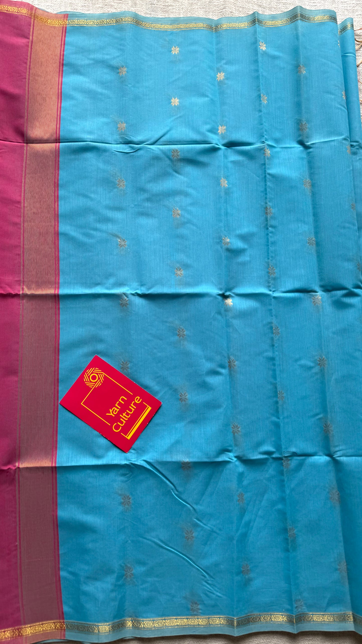 Sky blue with pink, gold buttas, semi maheshwari cotton silk - YCCOTNFEJUSM06