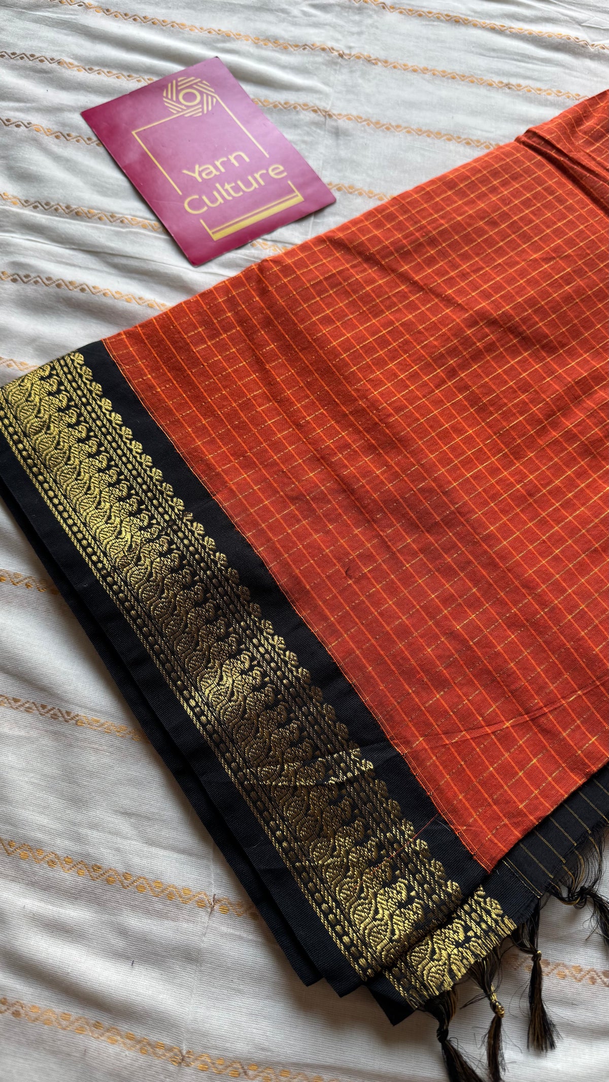 Orange with black, zari checkered saree, cotton silk - YCCOTNKCOC101