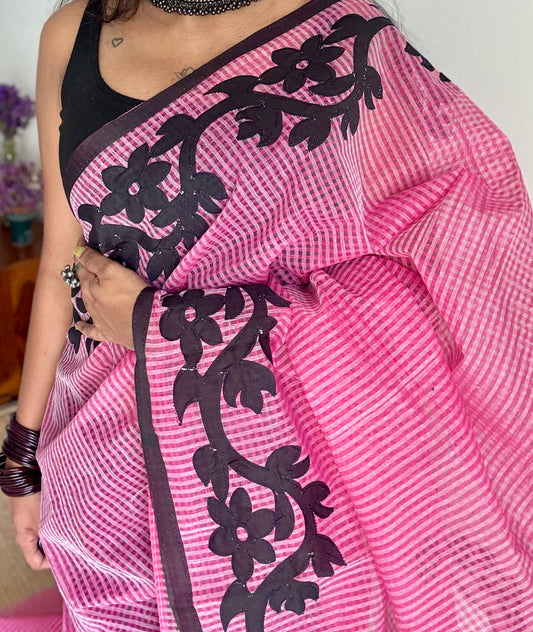 Gulaabi Drama - pink kota saree with black floral cut work - YCTORKDAP17