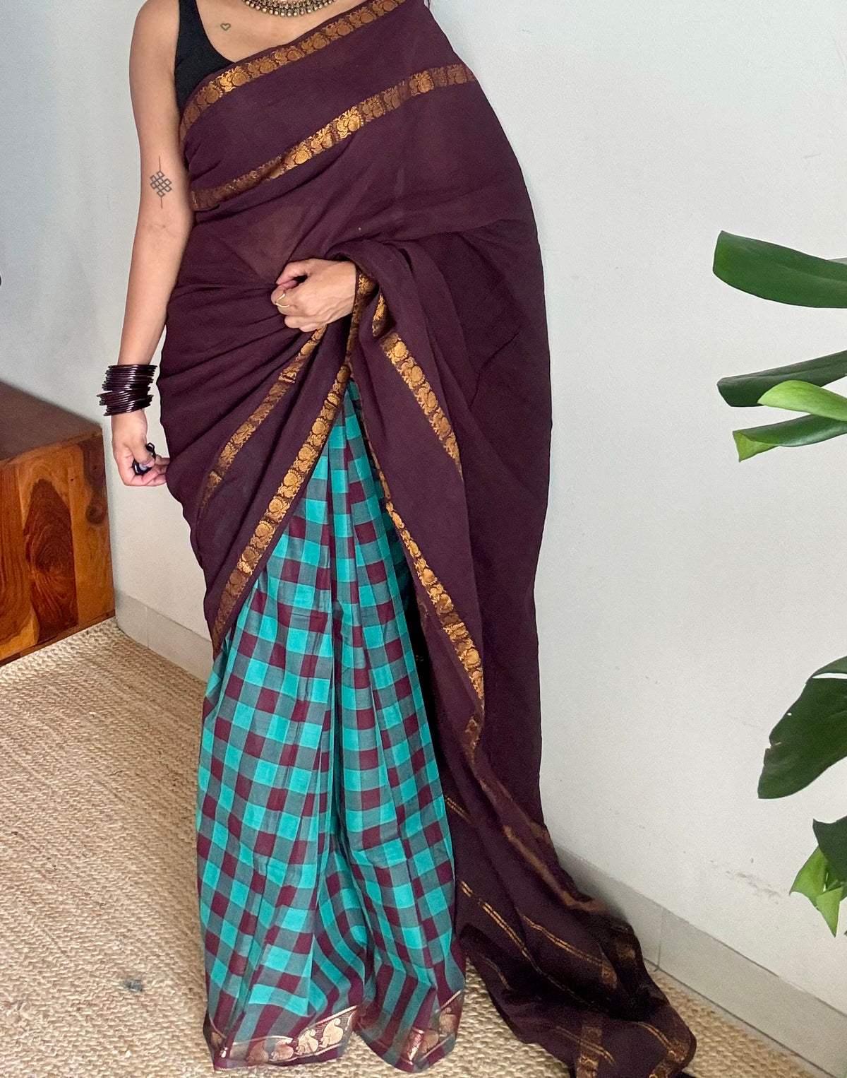 Brown with turquoise multi checks, sungudi and chettinad cotton half-half saree - YCCOTNIDOC36