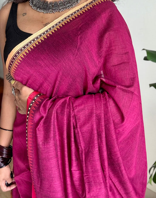 Handloom Bengal soft cotton saree, ruby with cream and red woven dual tone borders - YCBCMCSE43