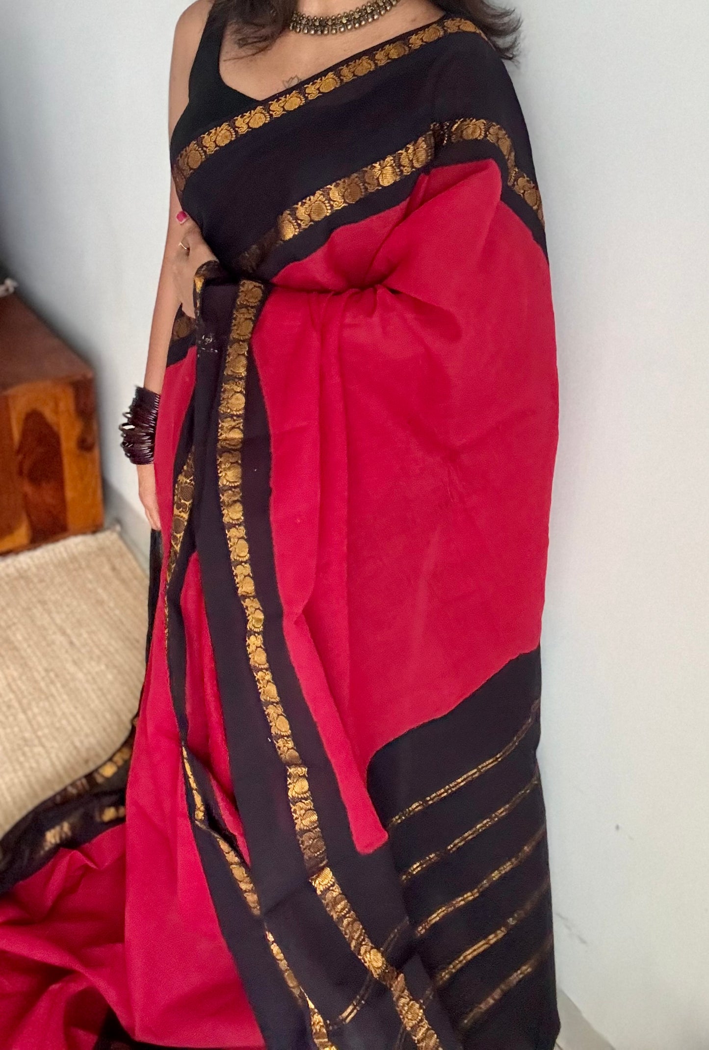 Carmine red and black, rettaipettu peacock double border, madurai soft cotton - YCCOTNAURS4