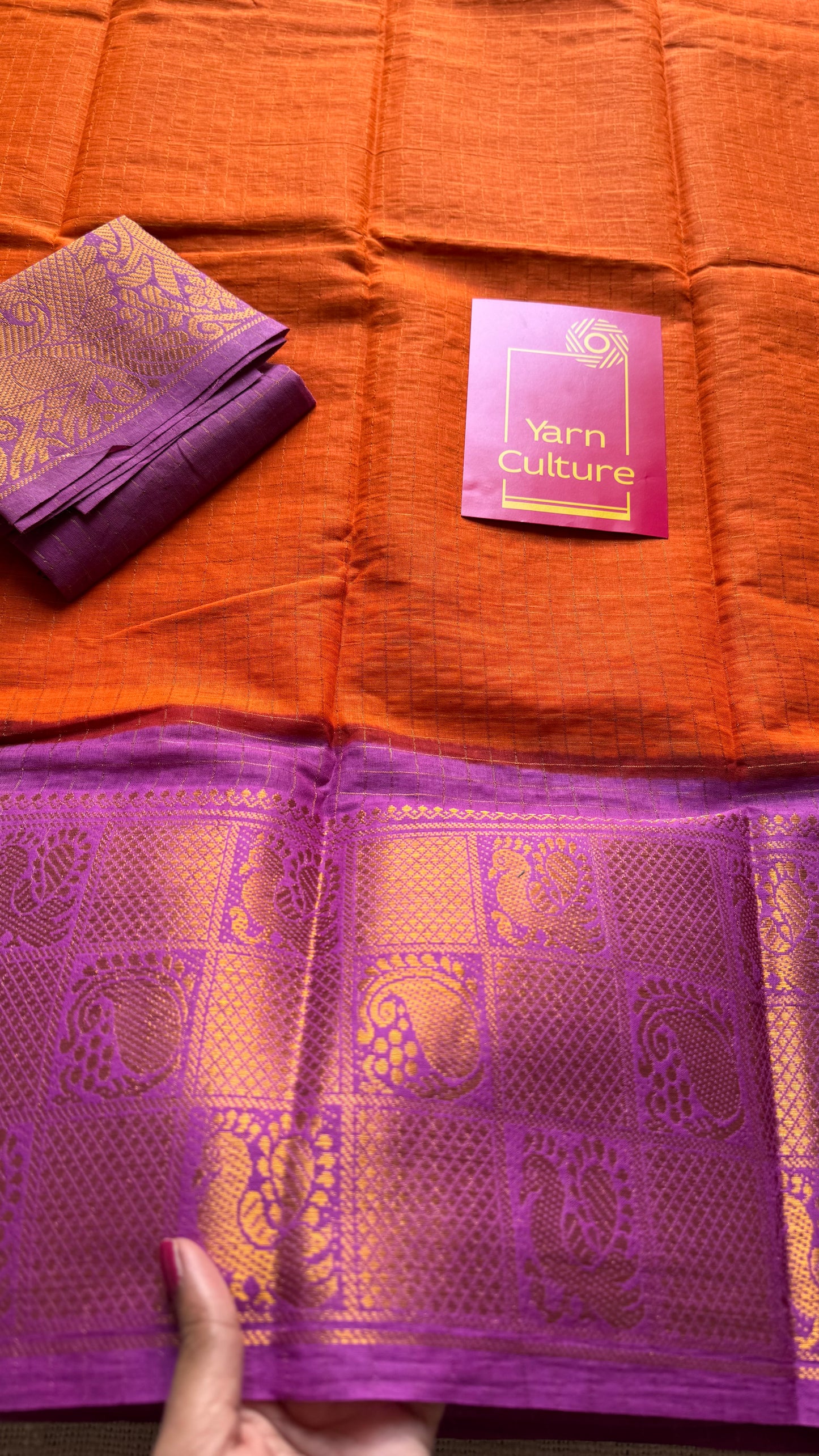 Orange checks with purple pink mayuri checkered zari border, madurai cotton - YCCOTNOCSC02