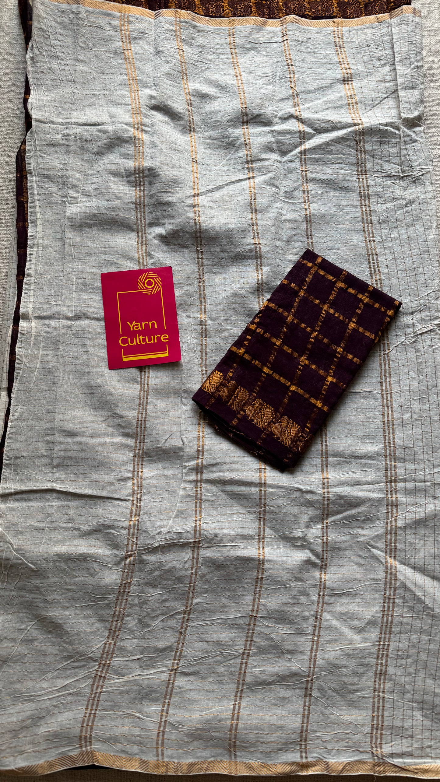 Ivory with brown, sungudi cotton half-half saree - YCCOTNMSFE371