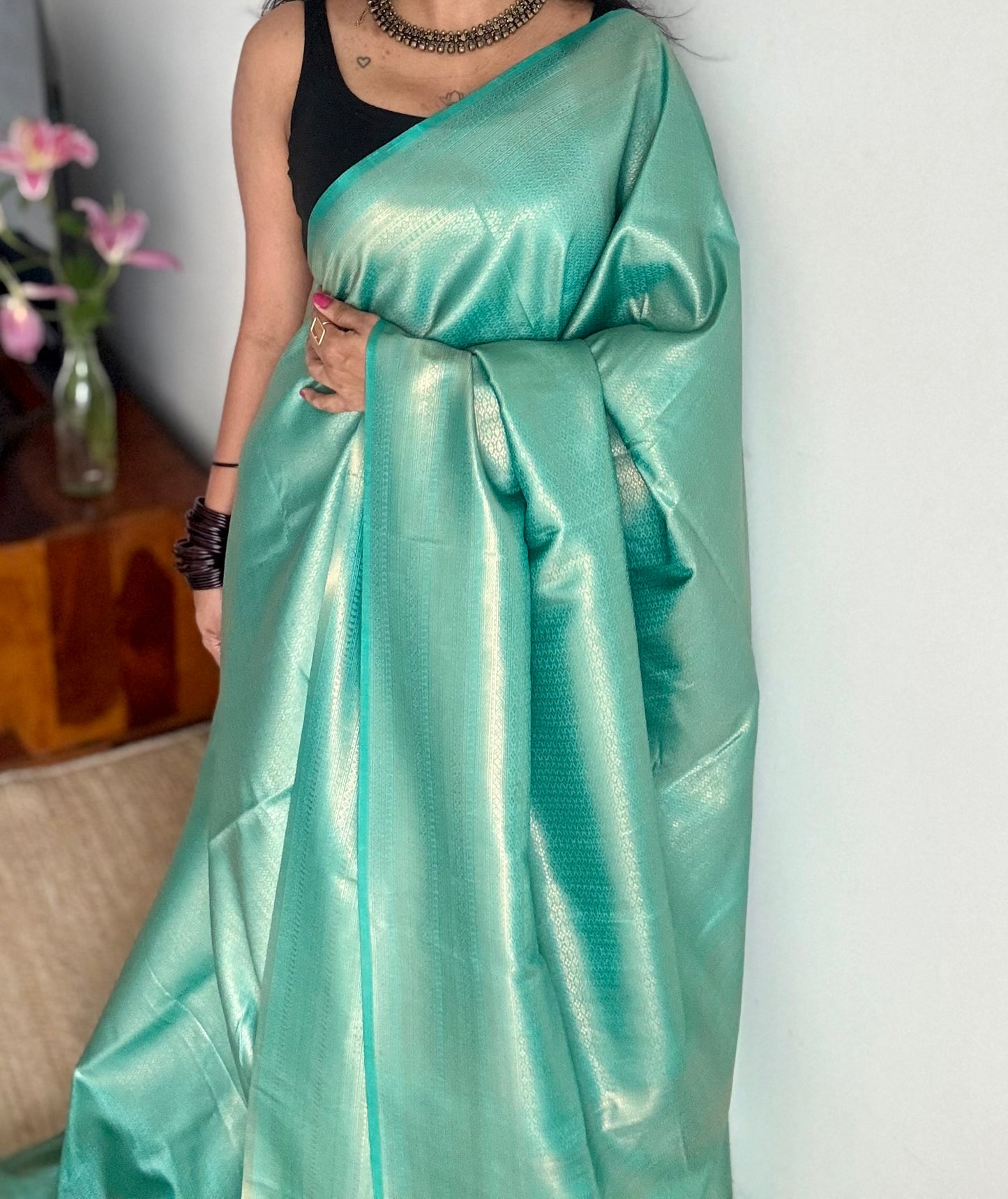 Firozi blue, antique gold zari, semi -silk - YCDOSOCSS03