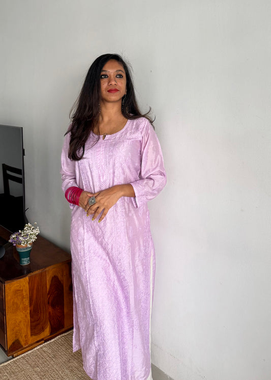 Lilac chanderi chikankari with ghas patti panel work, stitched kurta, round neck, three fourth sleeves - YCSECK50