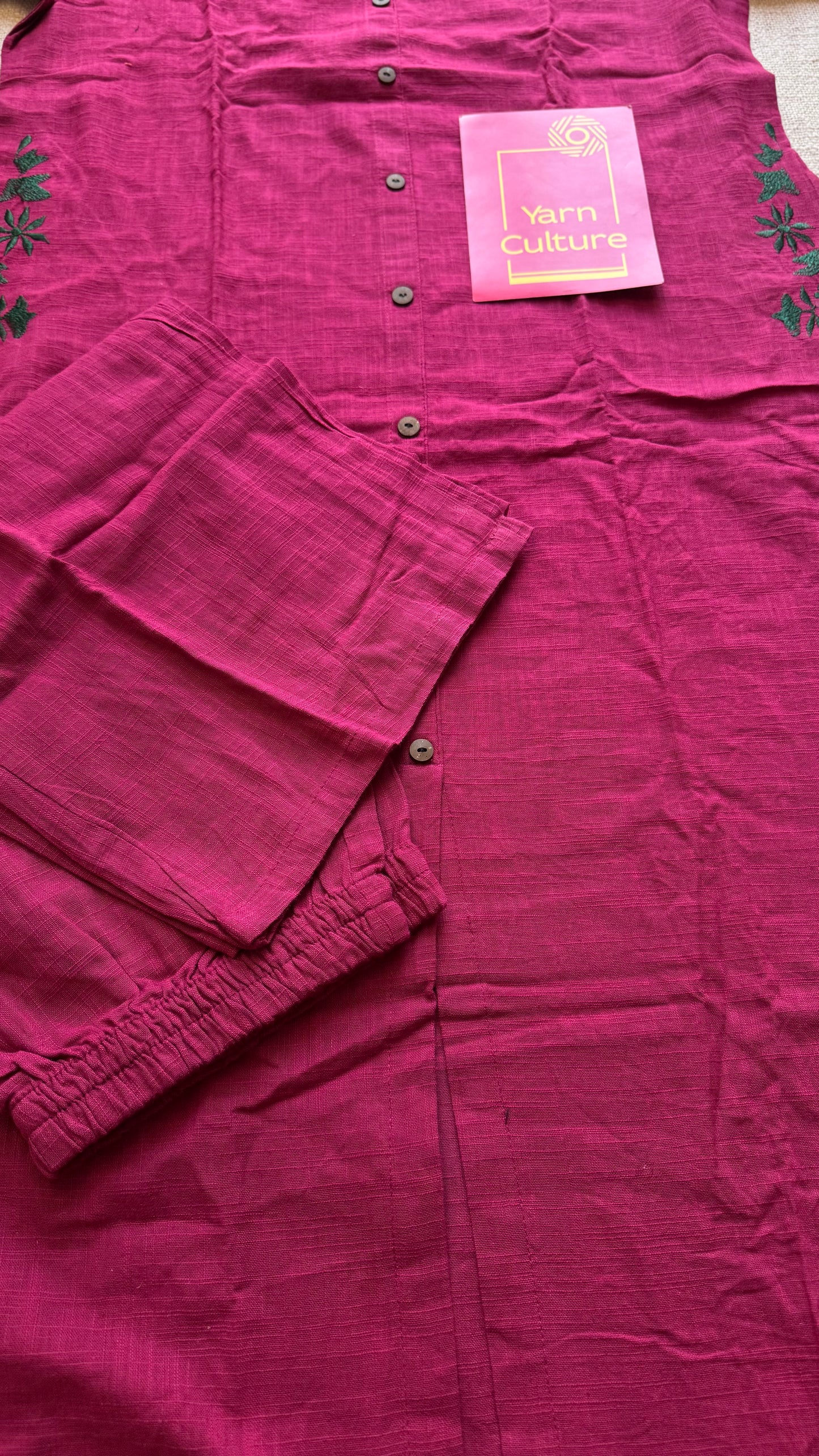 Ruby pink cotton collared stitched kurta co-ord set, elbow sleeves - YCSEBPSFE245