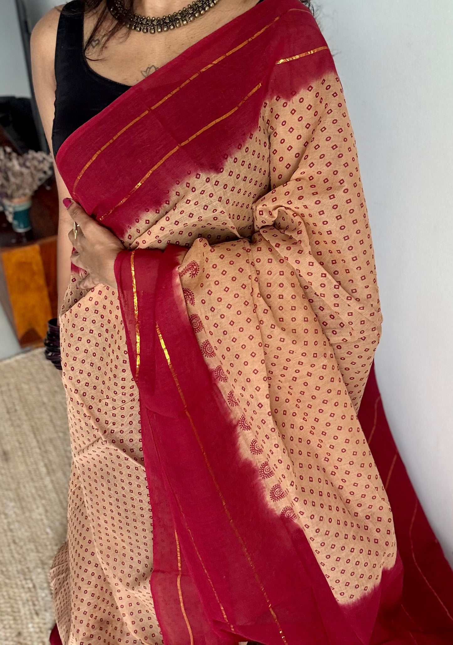 Sandal with red, printed sungudi, madurai cotton - YCCOTNOCSC18