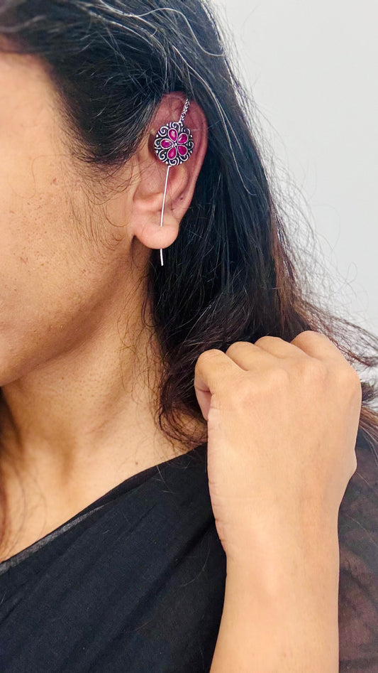 Oxidised silver, maroon stone, round floral earcuff - YCOSEEC297