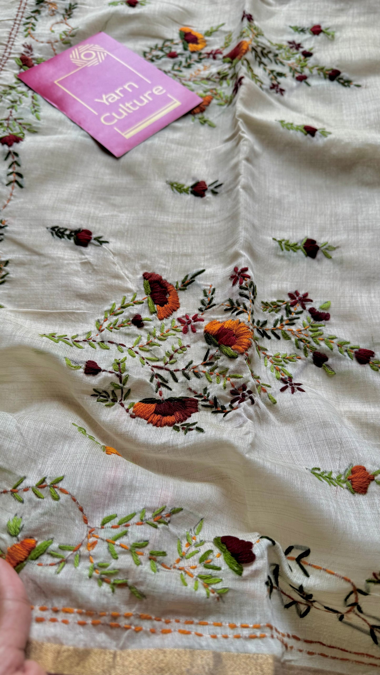 Ivory maheshwari cotton silk blend with deep maroon and orange floral kantha threadwork - YCBLJULMK04