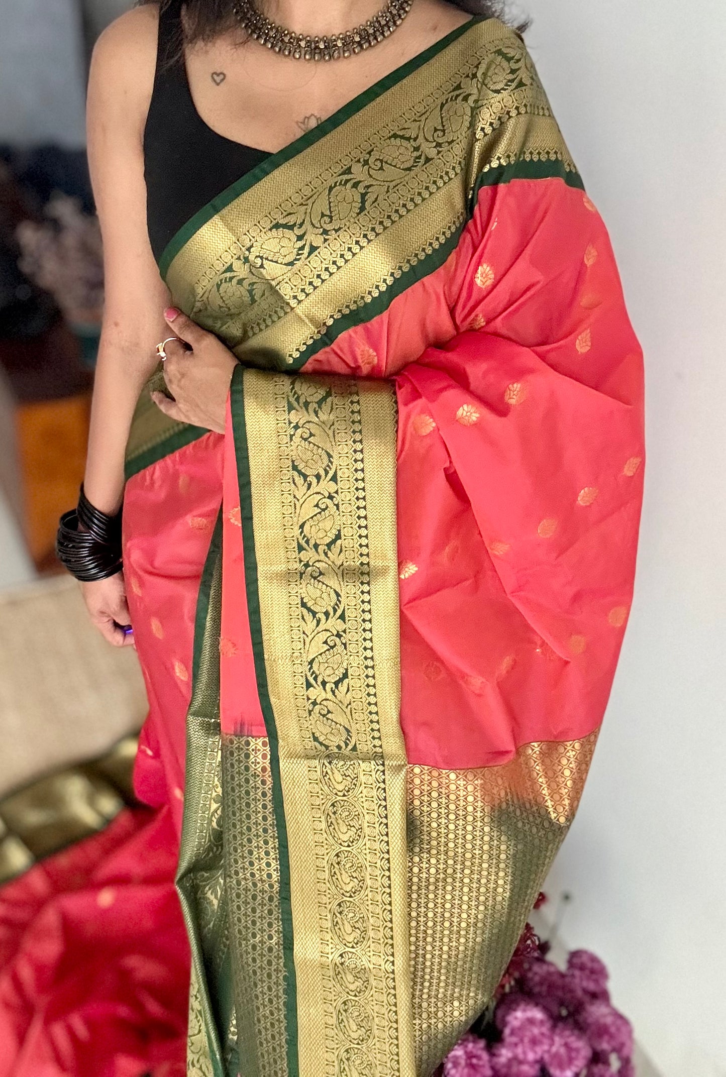 Kavini - peach with dark green, handloom korvai semi silk - YCCOTNFEJUKS01