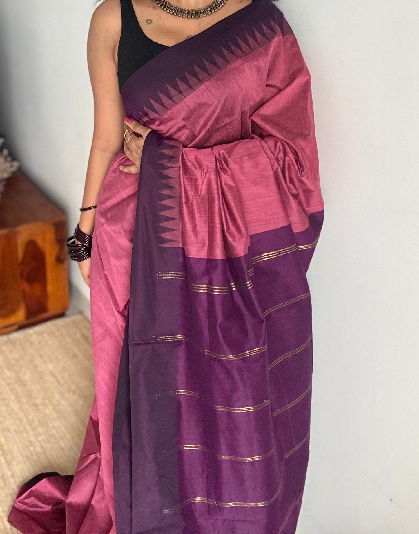 Dusty pink with purple temple border - cotton silk - YCCOTNOCKCS3