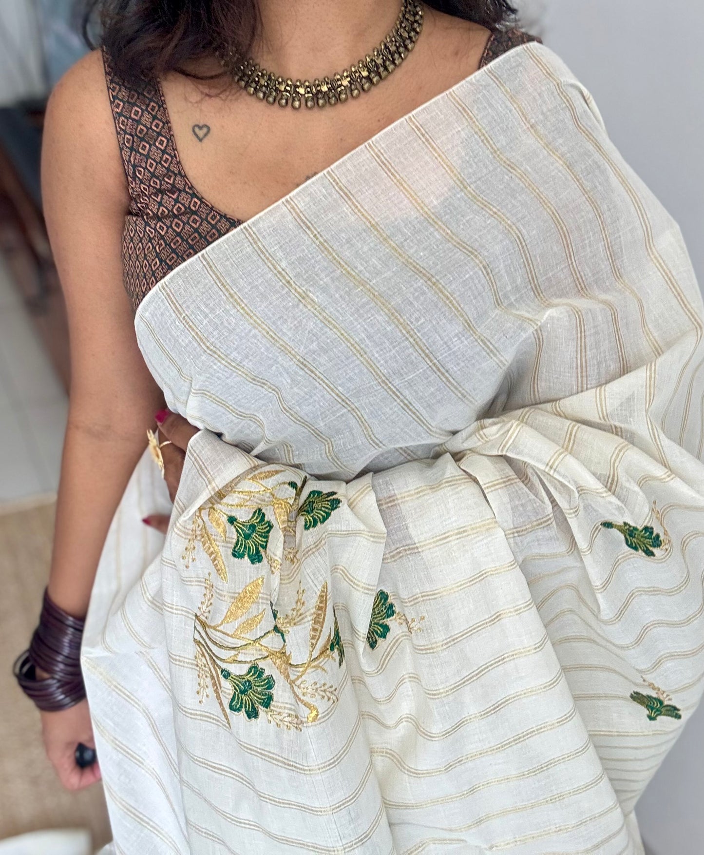 Ivory and gold with green flower embroidery, striped zari, kerala cotton - YCON25KCSFE260