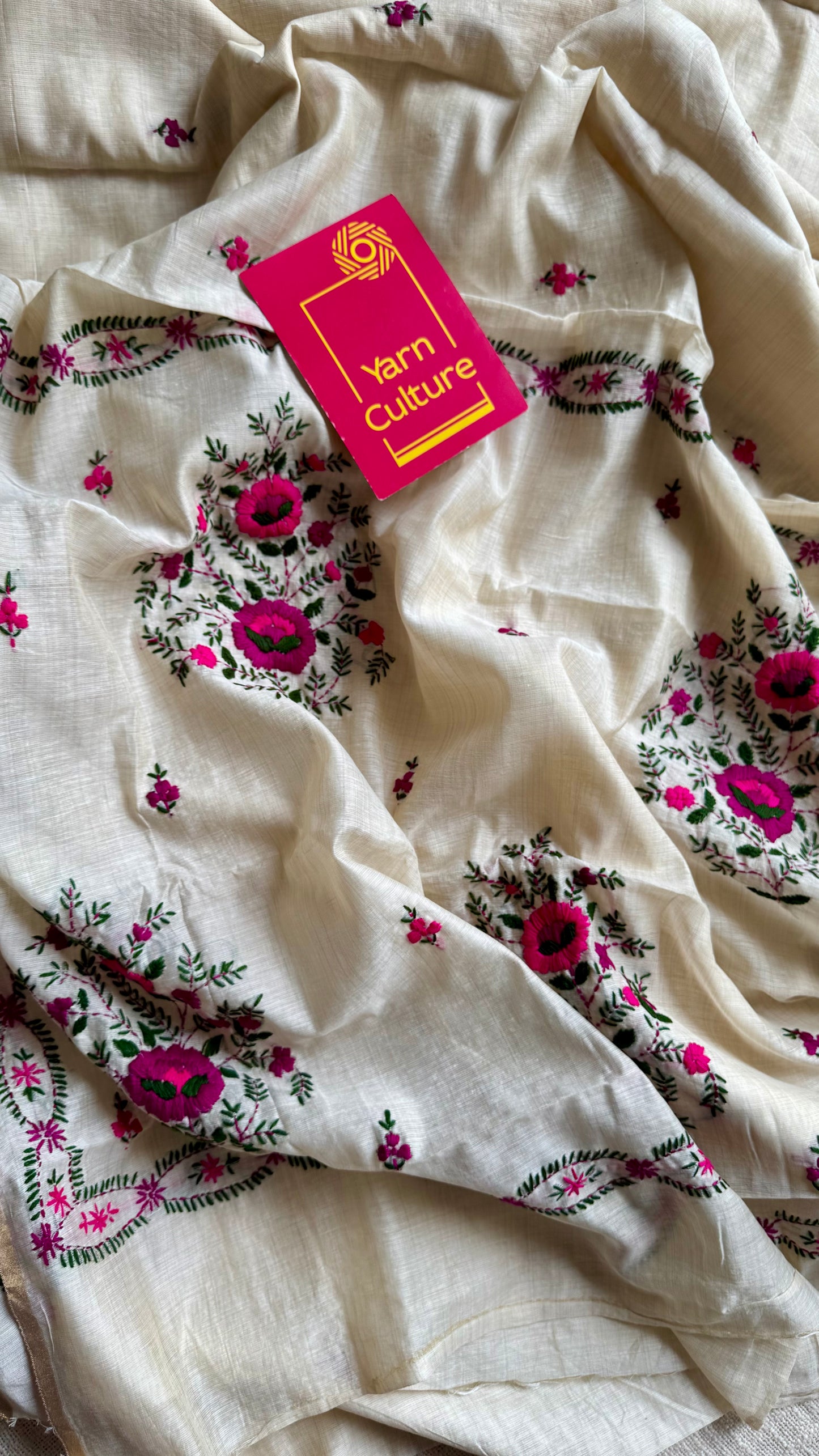 Ivory maheshwari cotton silk blend with purple and magenta floral kantha threadwork - YCBLAUMK08