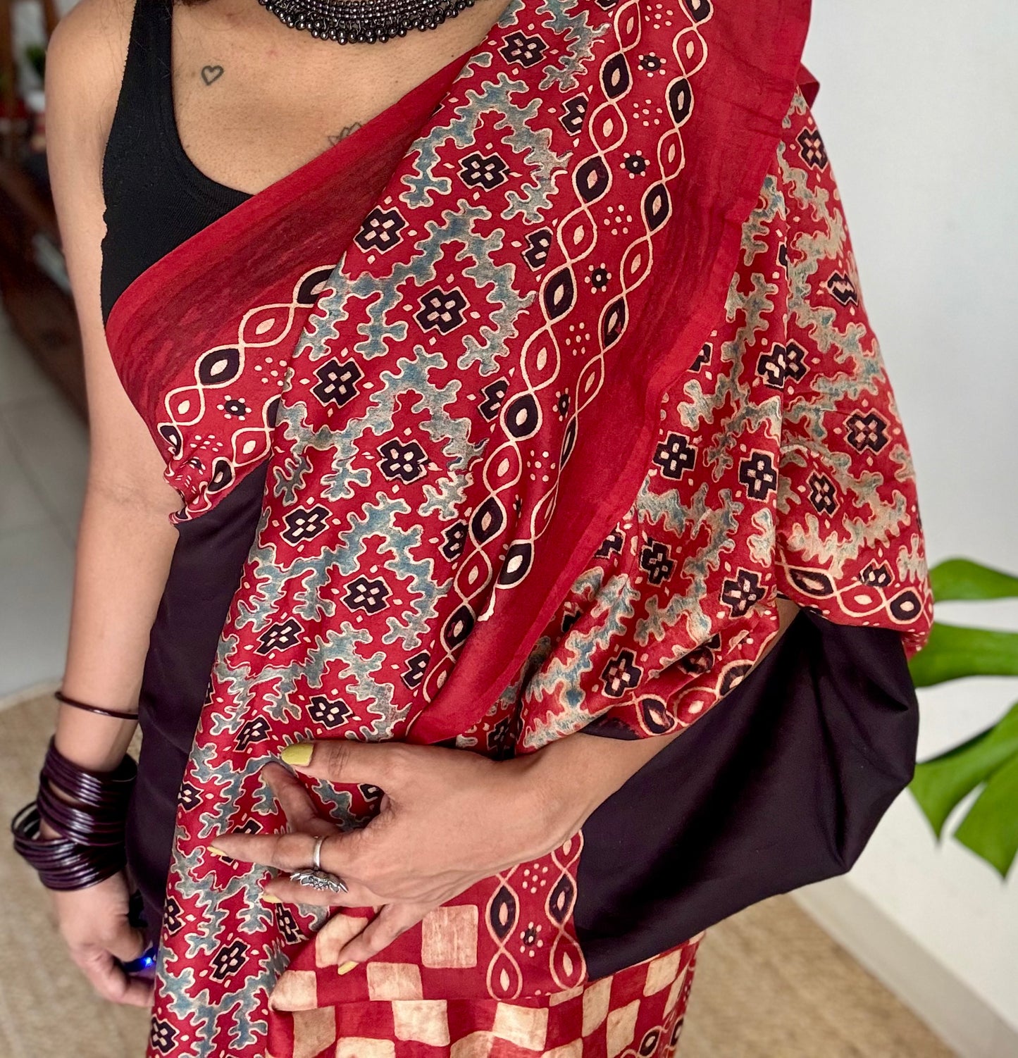 Black and red chanderi saree with ajrakh handblock print - YCTOKAJC343