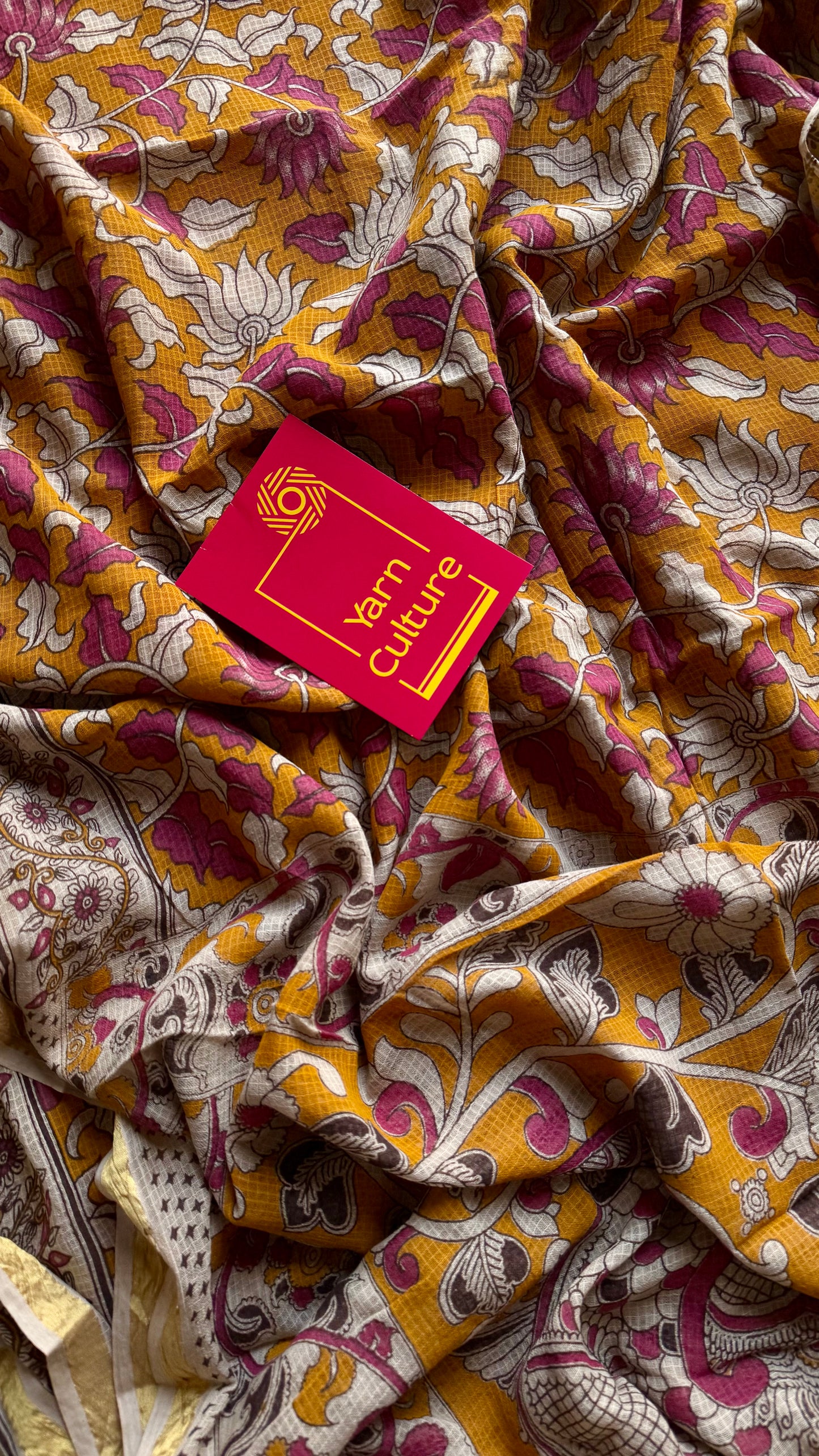 Orange pink kalamkari saree in kota, with zari border - YCWOTDKKFE14