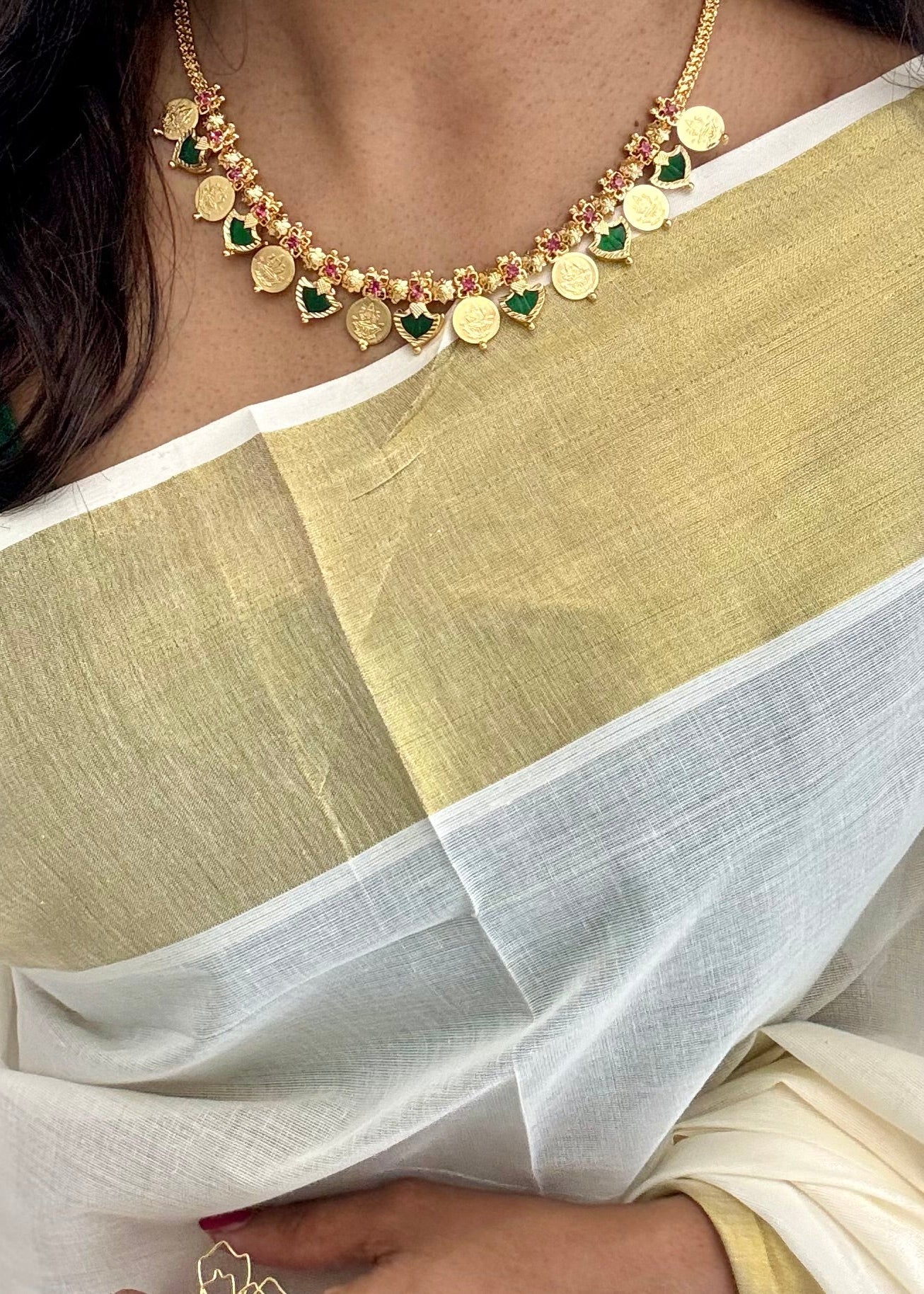 Coin and green palakka necklace in gold finish - YCAGC10