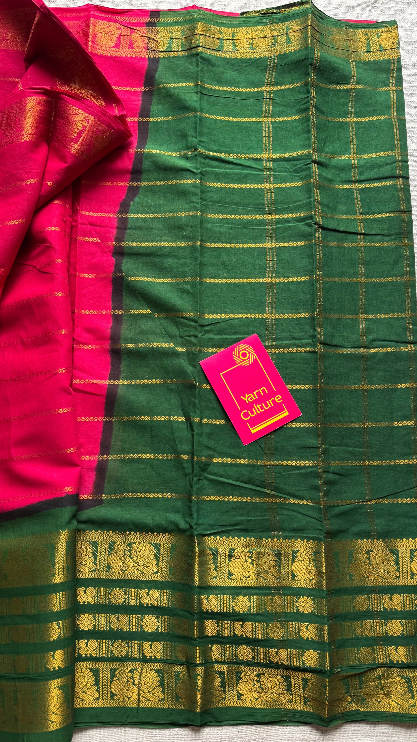 Reddish pink with green, peacock rudraksham motif, single side broad zari - madurai kattuchayam dyed -YCCOTNAURS19