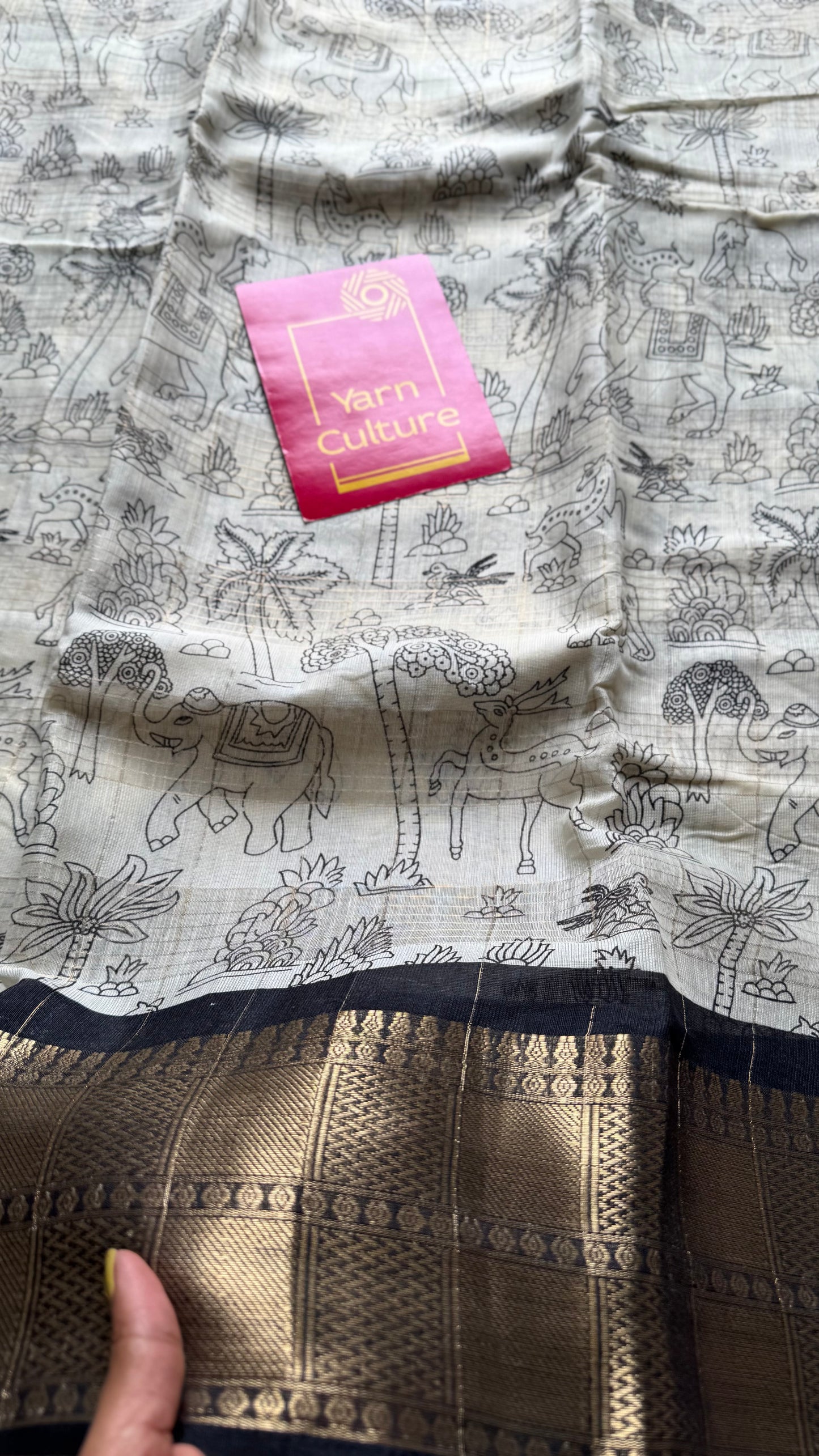 Off white and black, printed kalamkari, semi-tussar - YCWOTDSTK09