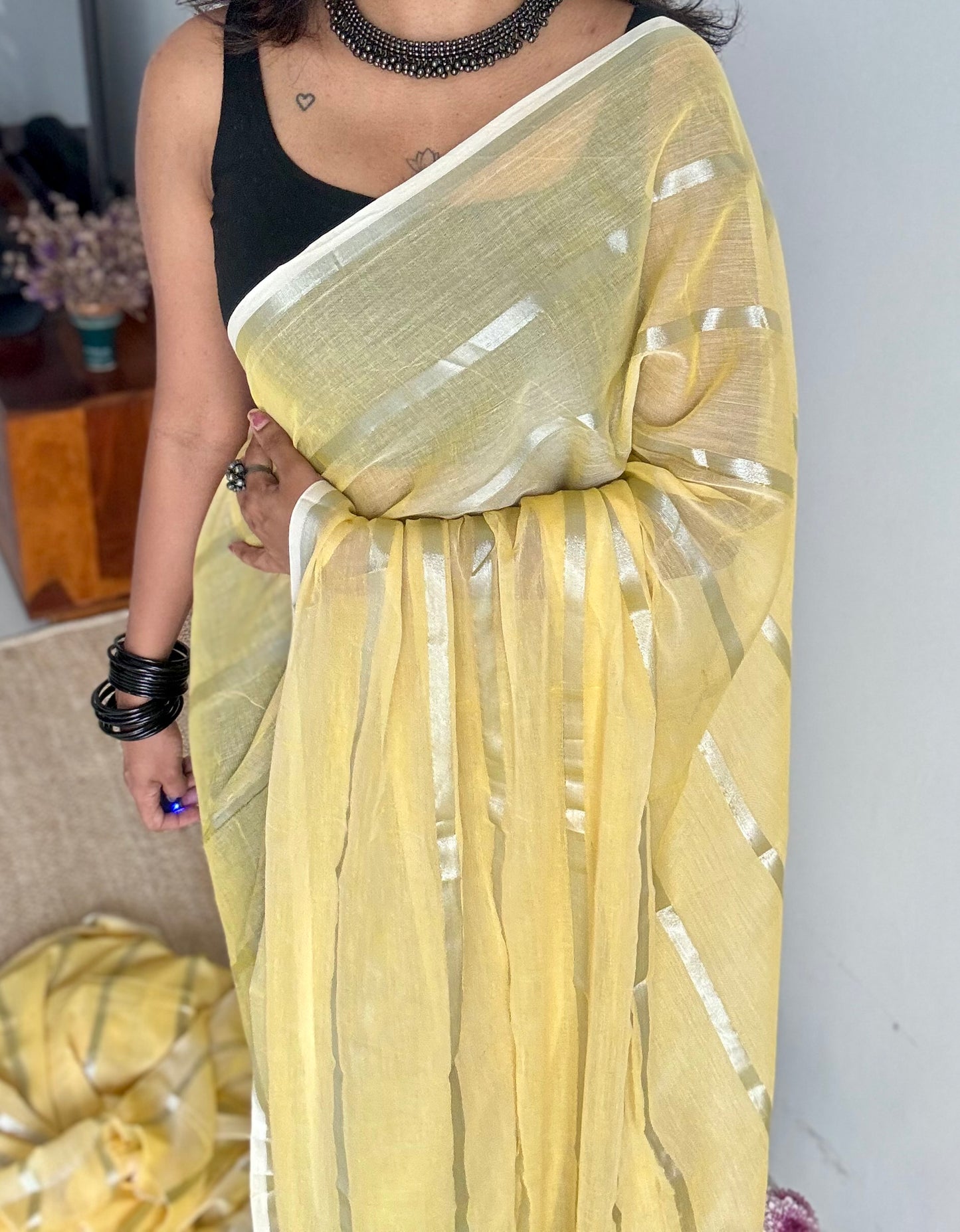 Butterscotch swirl - pastel yellow with silver zari stripes, mul cotton - YCBCJULMS03