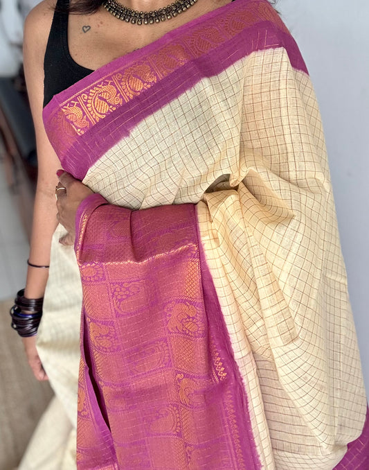 Ivory checks with dark magenta mayuri checkered zari border, madurai cotton - YCCOTNOCSC01