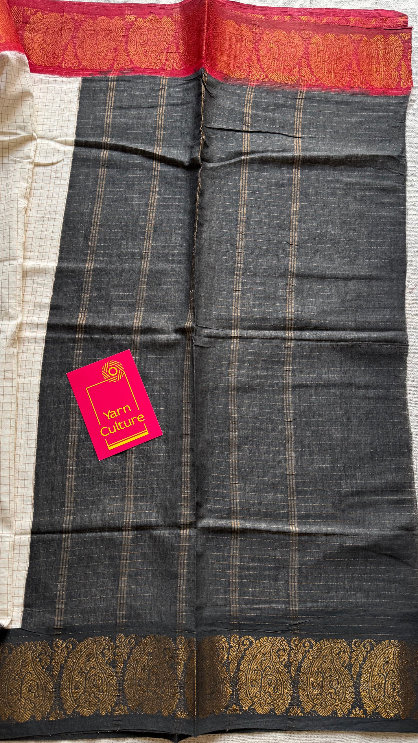 Sungudi cotton checks, ivory gold base, red and black dual tone flower paisley border, soft cotton - YCCOTNGJJA165