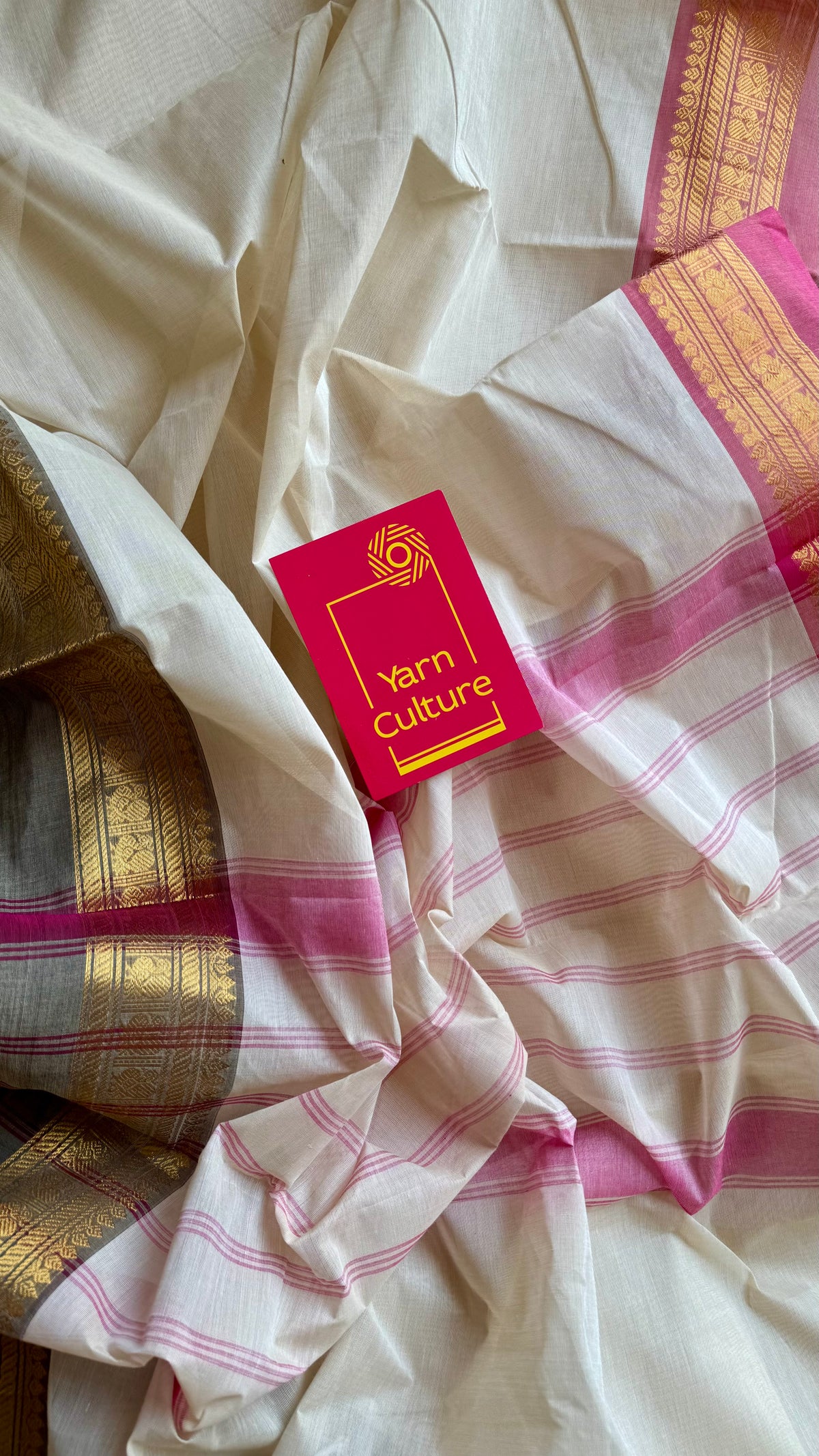 Ivory with pink and black ganga jamuna zari border kanchi cotton saree - YCCOTNCKSE22