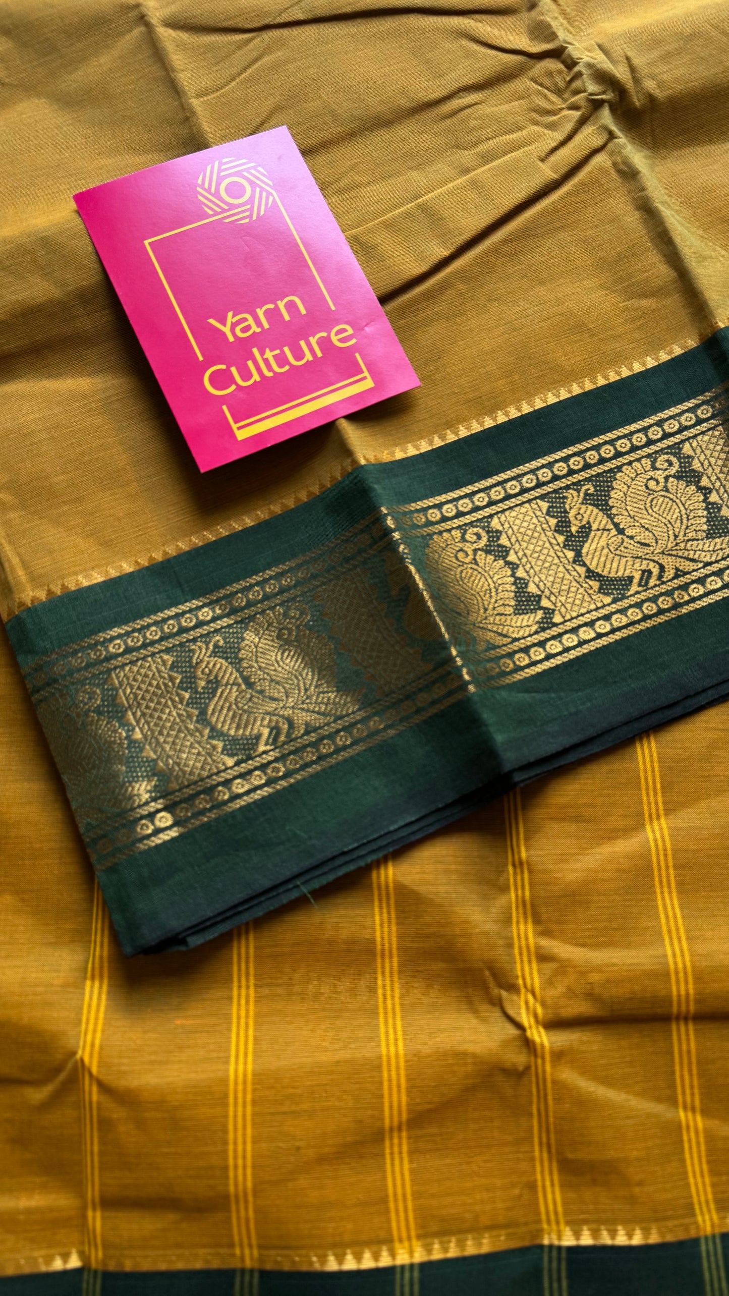 Brownish yellow with green contrast border, chettinad cotton - YCCOTNOCCC01