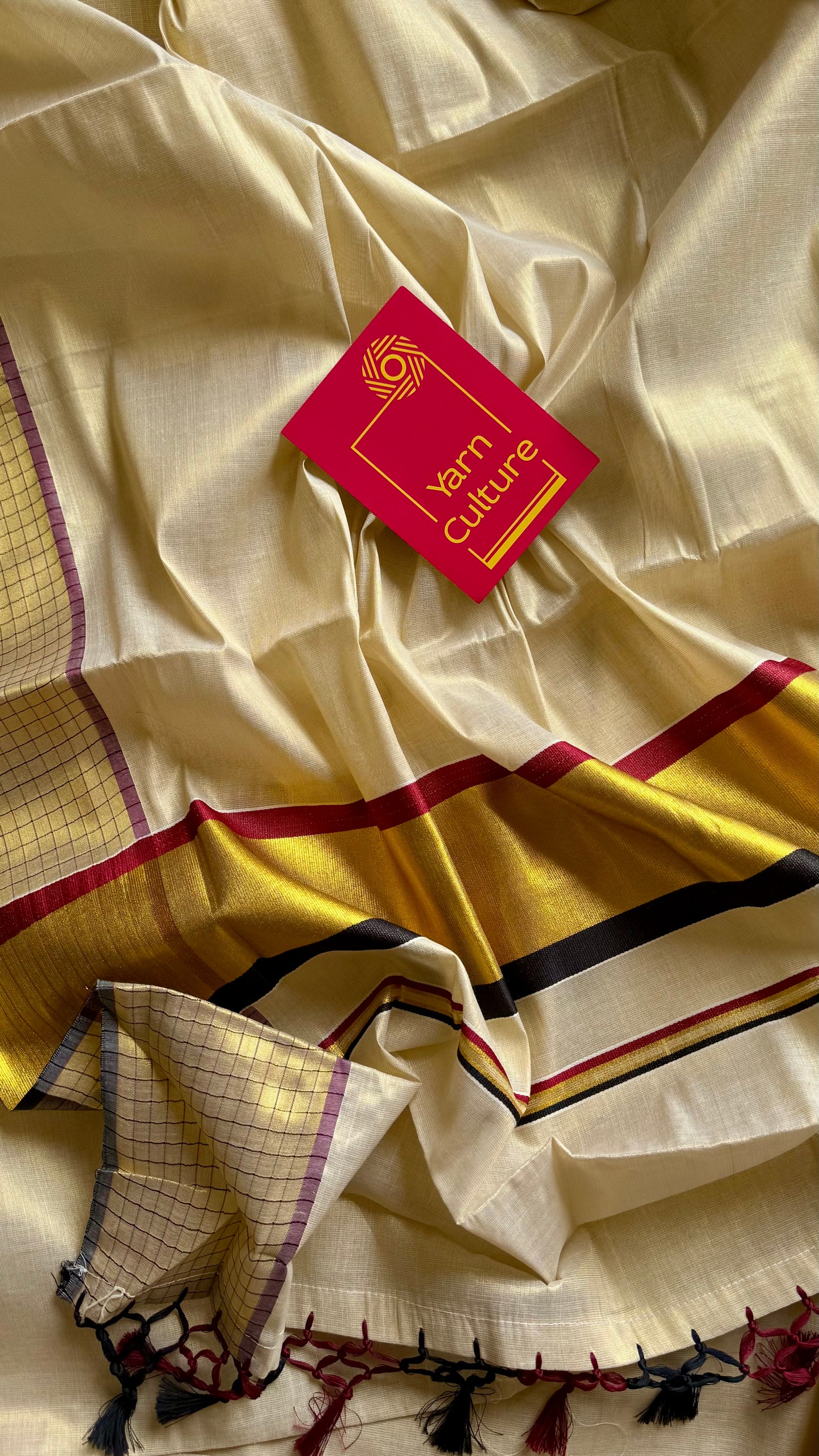 Ivory and gold soft tissue cotton saree, black and red, checkered border - YCIEON78