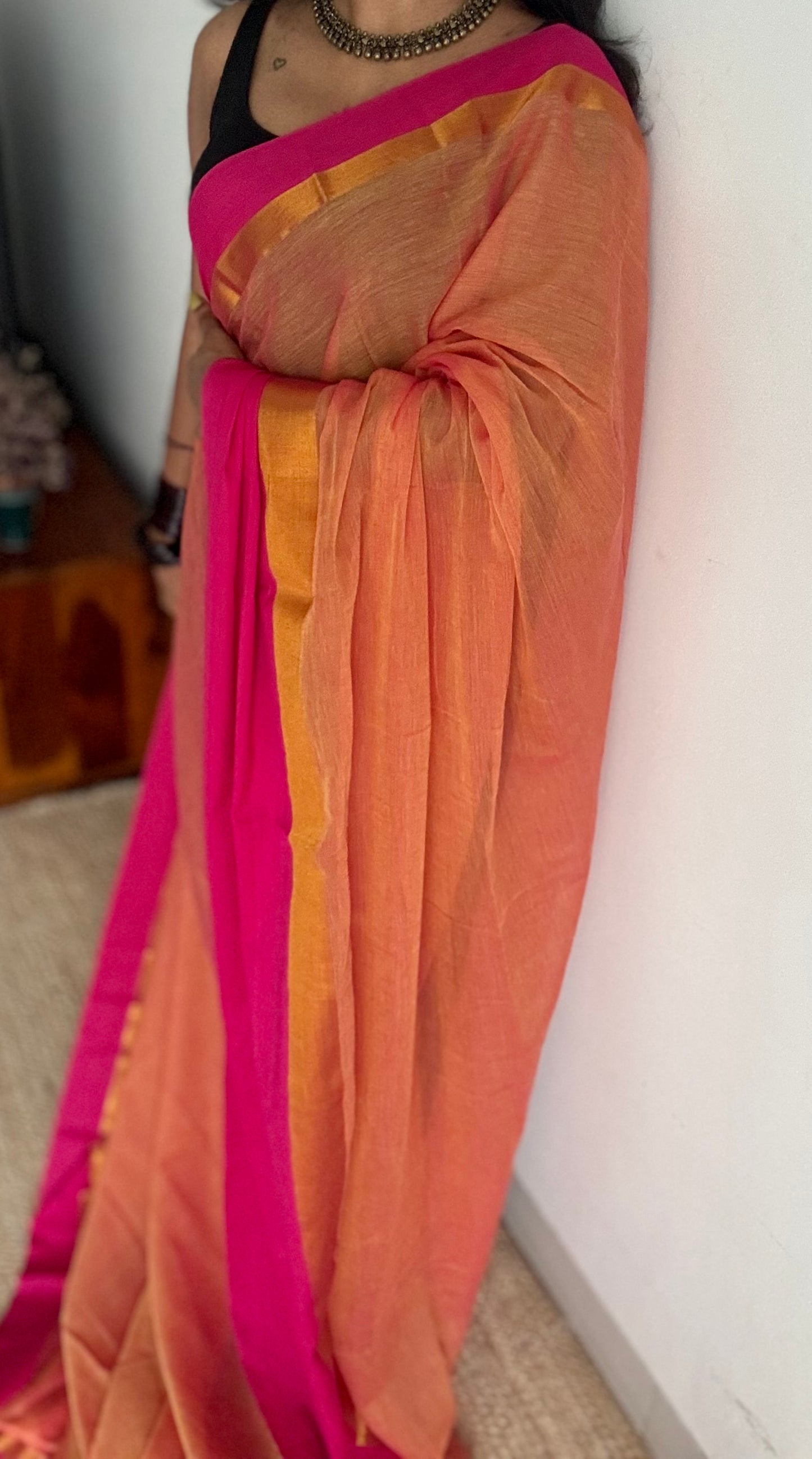 Dual tone orange with contrast dark pink border, gold zari - YCBCMCLSE14