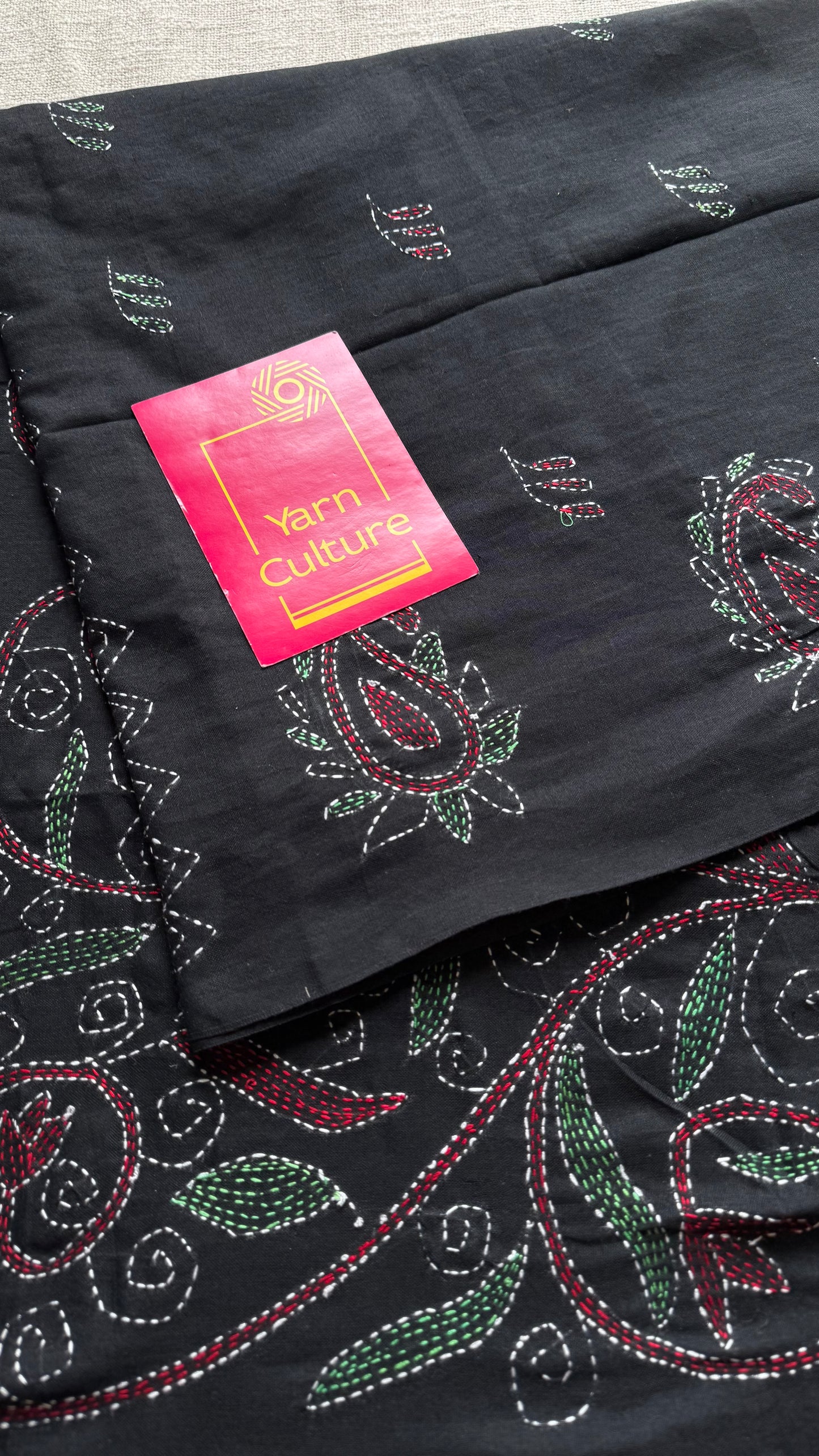 Kaaj Kaalo (কাজ কালো) - Embroidered Black, kantha weave in soft khadi cotton - YCBCSEKC08