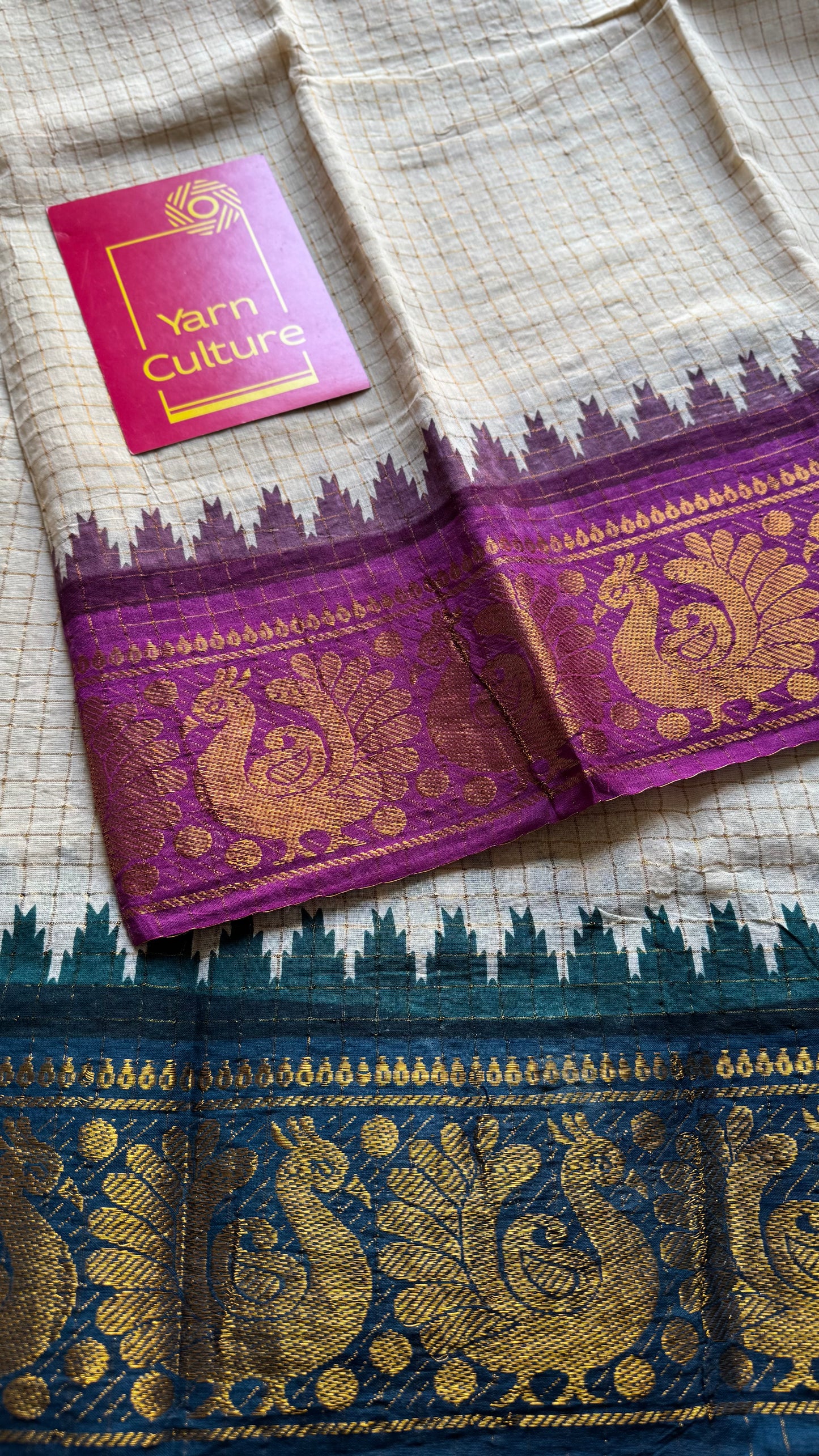 Sungudi cotton checks, ivory gold base, teal and magenta dual tone border, soft cotton - YCCOTNGJJA177