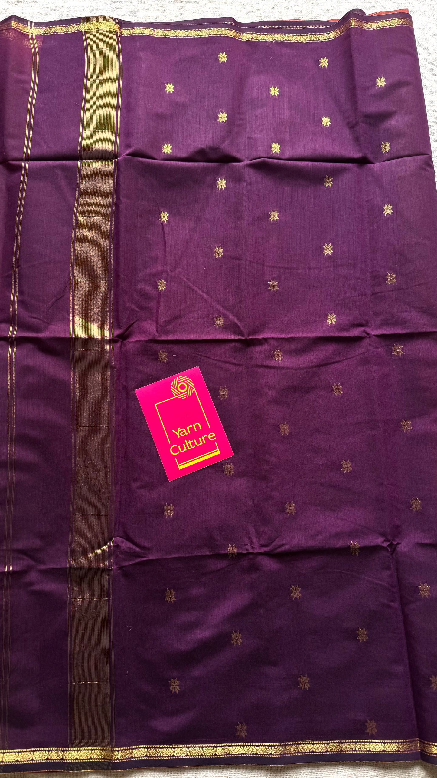 Orange with purple pink (vadamalli), gold buttas, semi maheshwari cotton silk - YCCOTNFEJUSM02