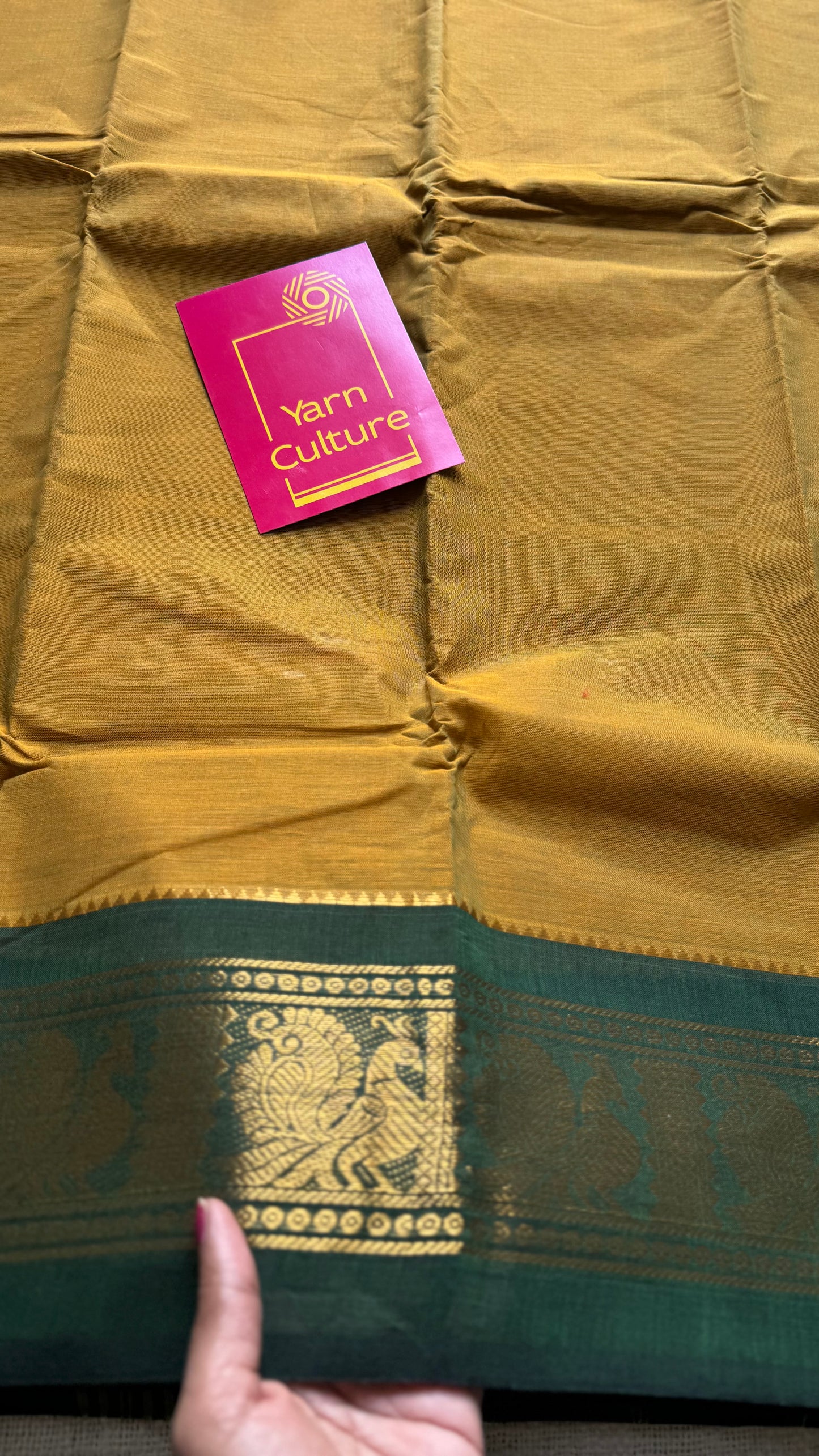 Brownish yellow with green contrast border, chettinad cotton - YCCOTNOCCC01