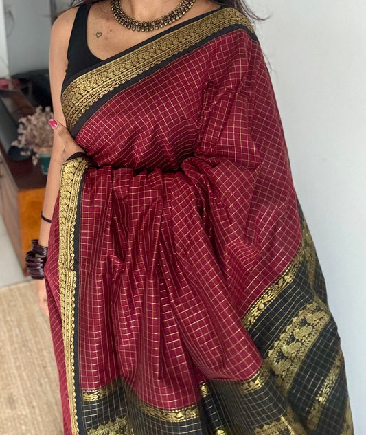 Maroon with black, checks - cotton silk - YCCOTNOCKC43