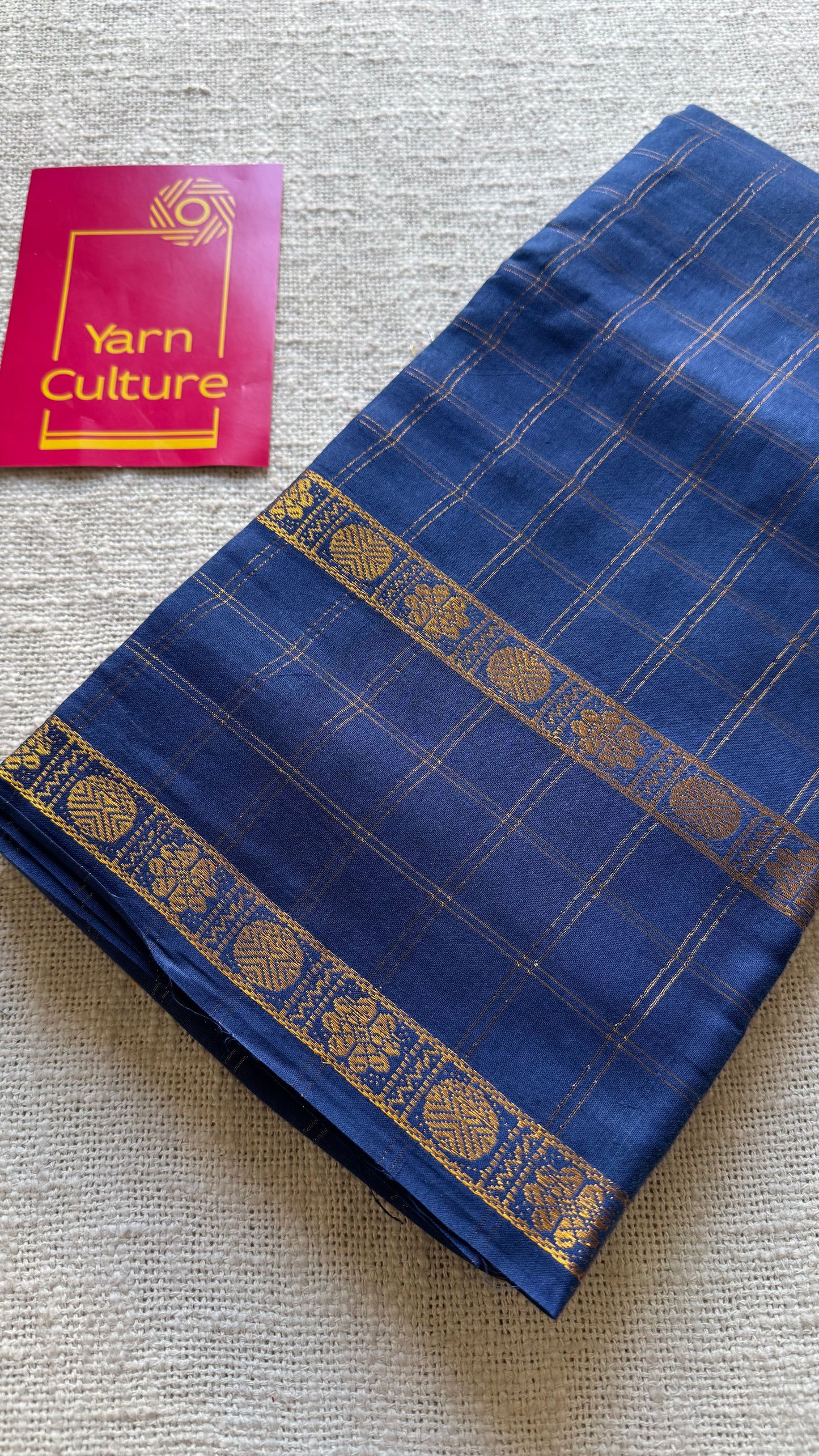 Navy blue adayar gold zari kattam, sungudi cotton - YCCOTNOCSC47