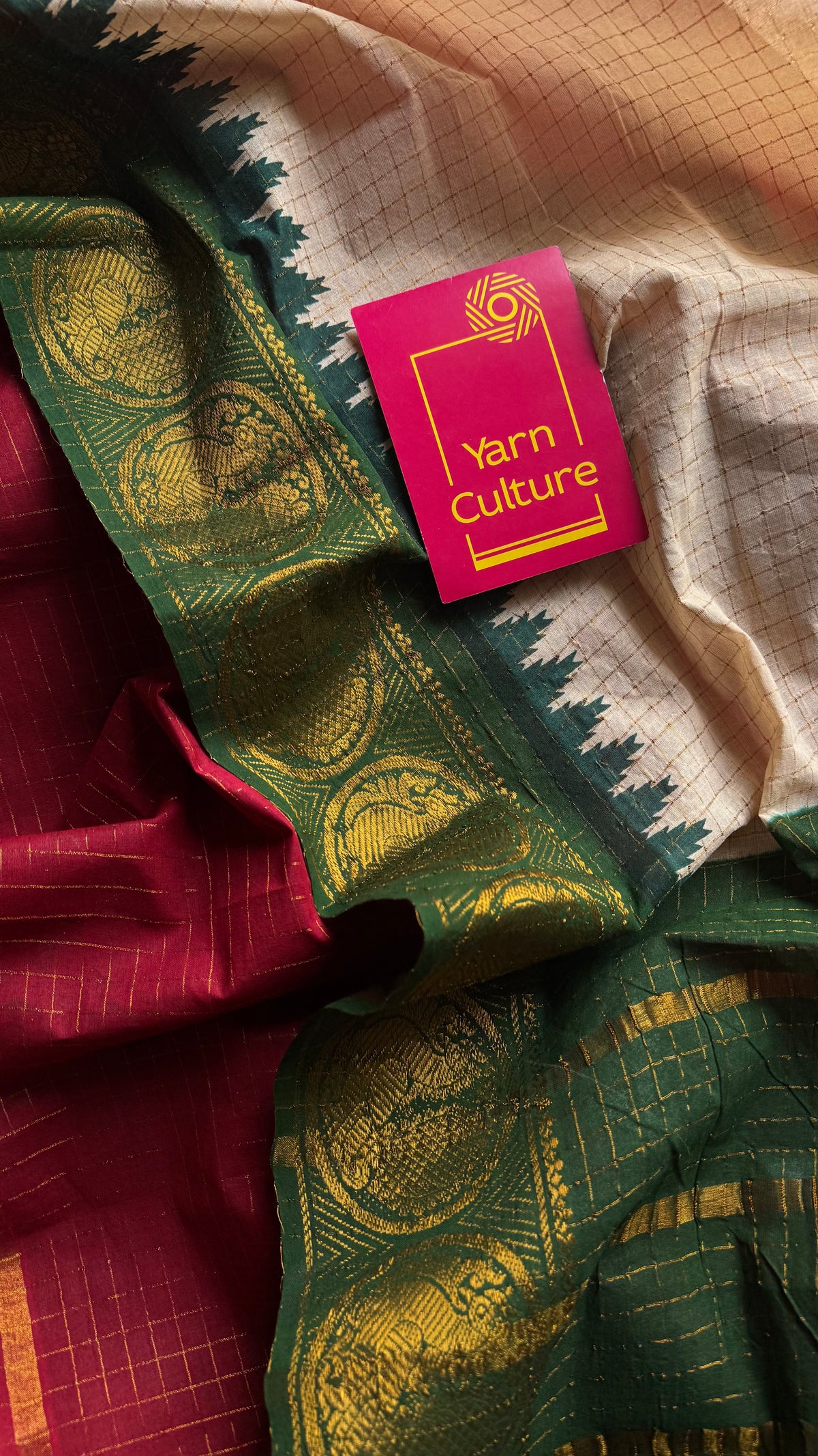 Cream with red and green, sungudi cotton half-half saree - YCCOTNIDOC11