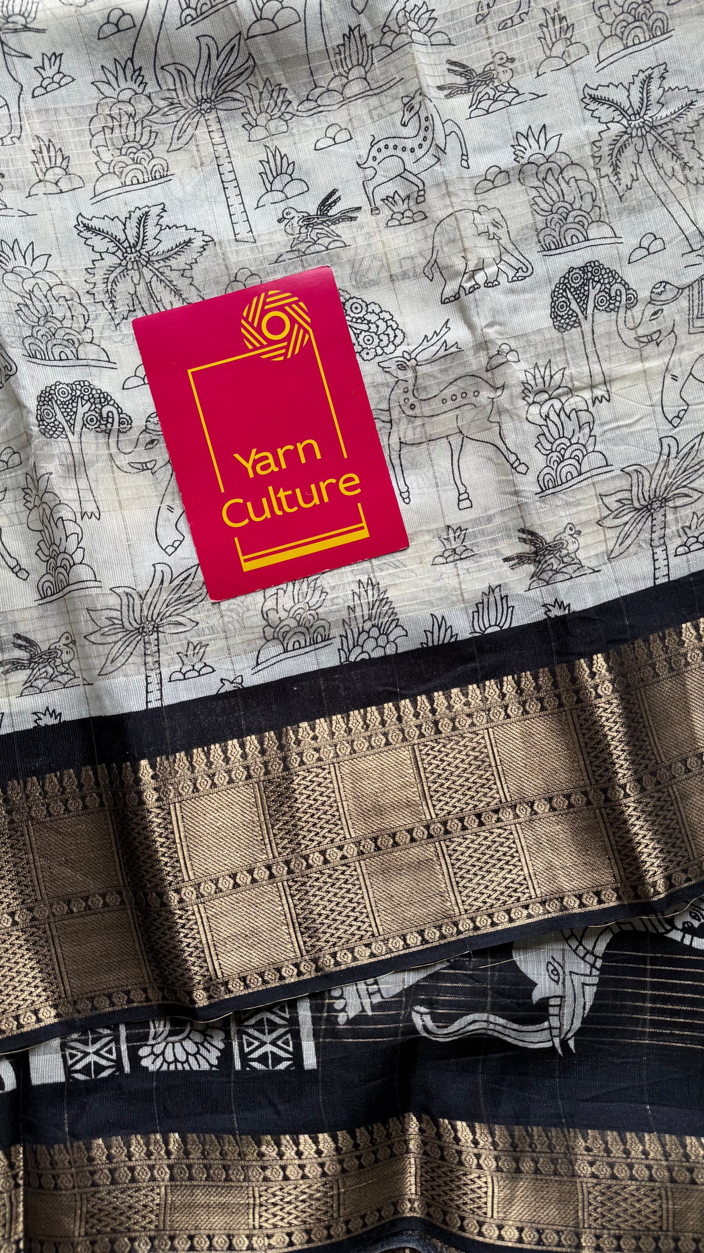 Off white and black, printed kalamkari, semi-tussar - YCWOTDSTK09