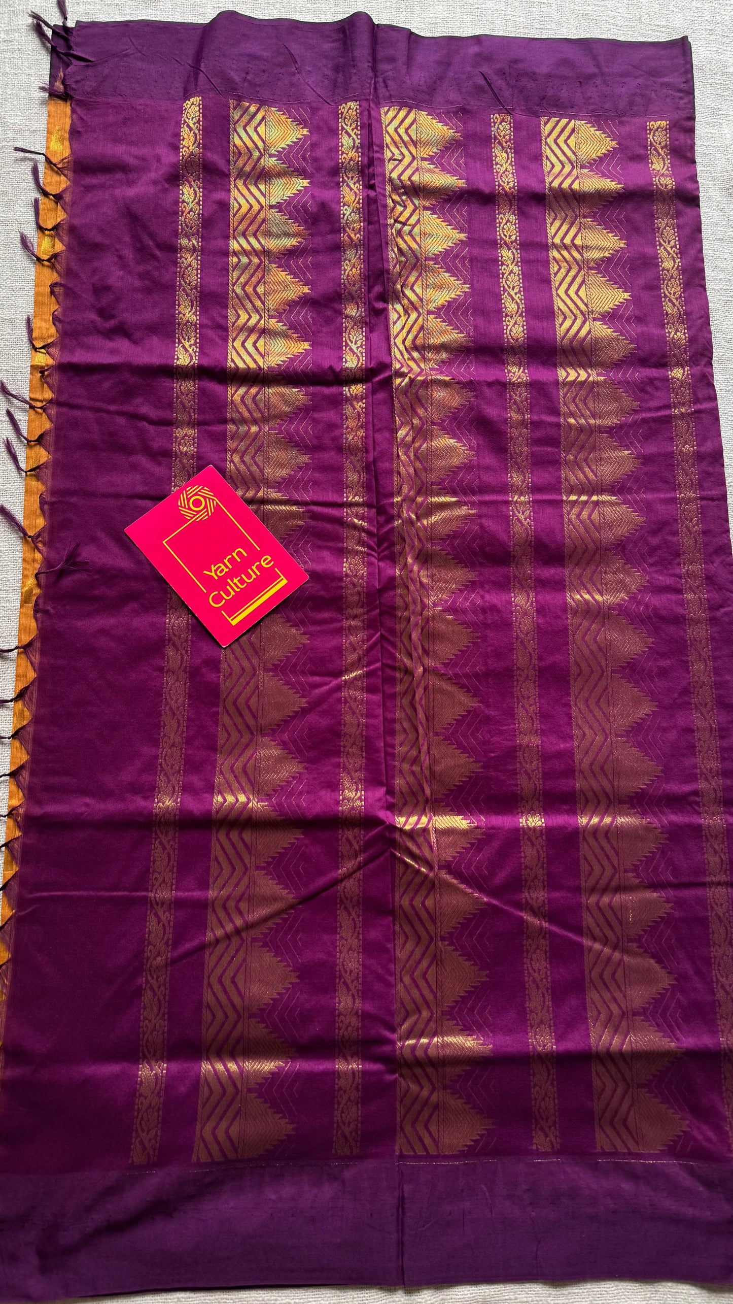 Yellow with purple pink temple border, motifs - cotton silk - YCCOTNSEKCS17