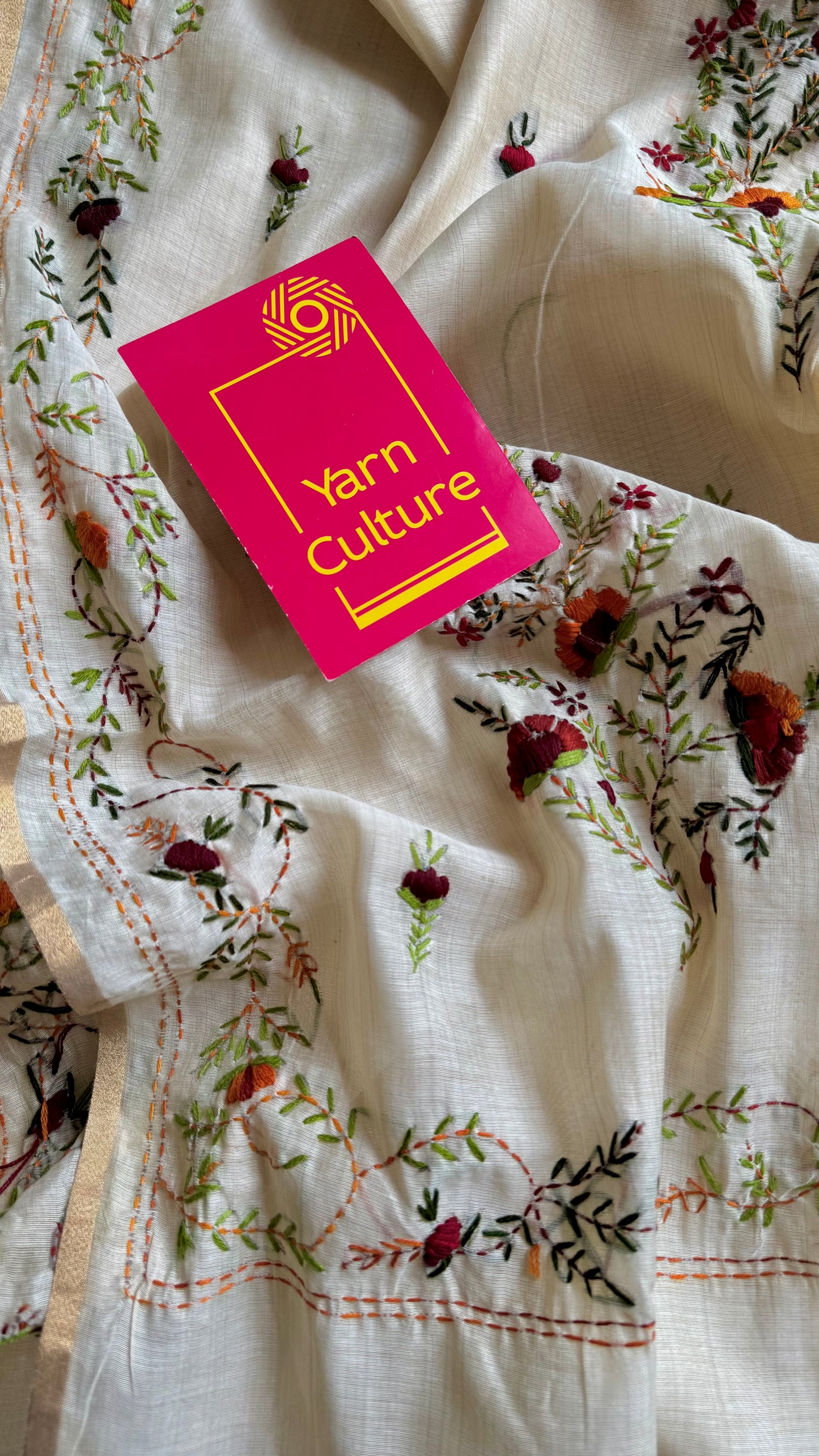 Ivory maheshwari cotton silk blend with deep maroon and orange floral kantha threadwork - YCBLJULMK04