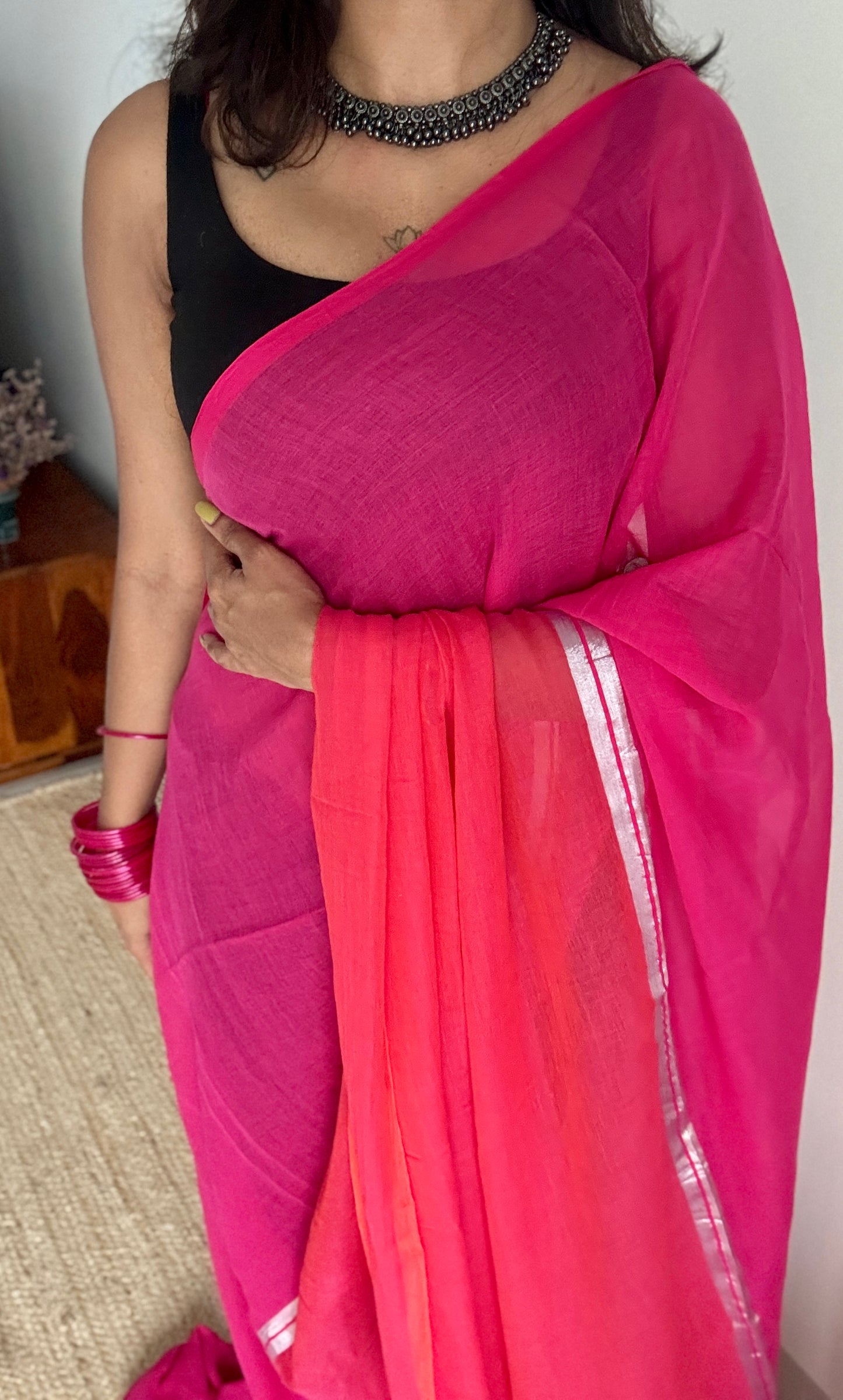 Hot pink with dual shade orangish pink, mul cotton YCBCMCM17