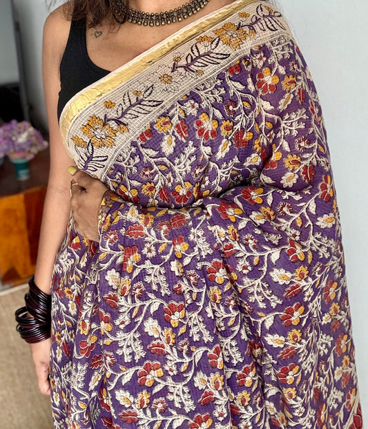 Purple cream red kalamkari saree in kota, with zari border - YCWOTDKKFE18