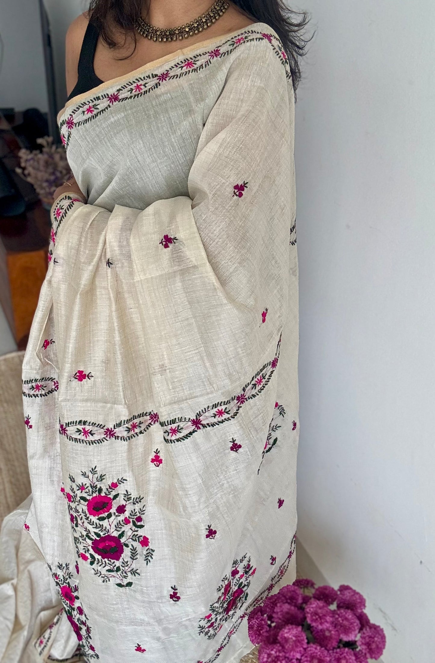 Ivory maheshwari cotton silk blend with purple and magenta floral kantha threadwork - YCBLAUMK08