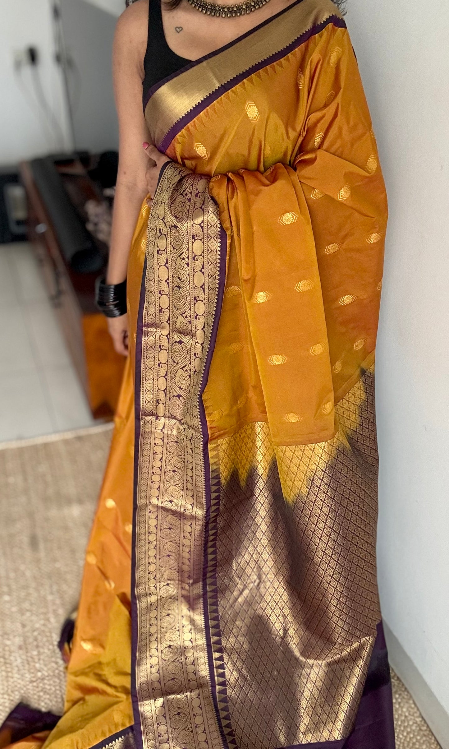 Vaidhi - mustard with deep purple, handloom korvai semi silk - YCCOTNFEJUKS02