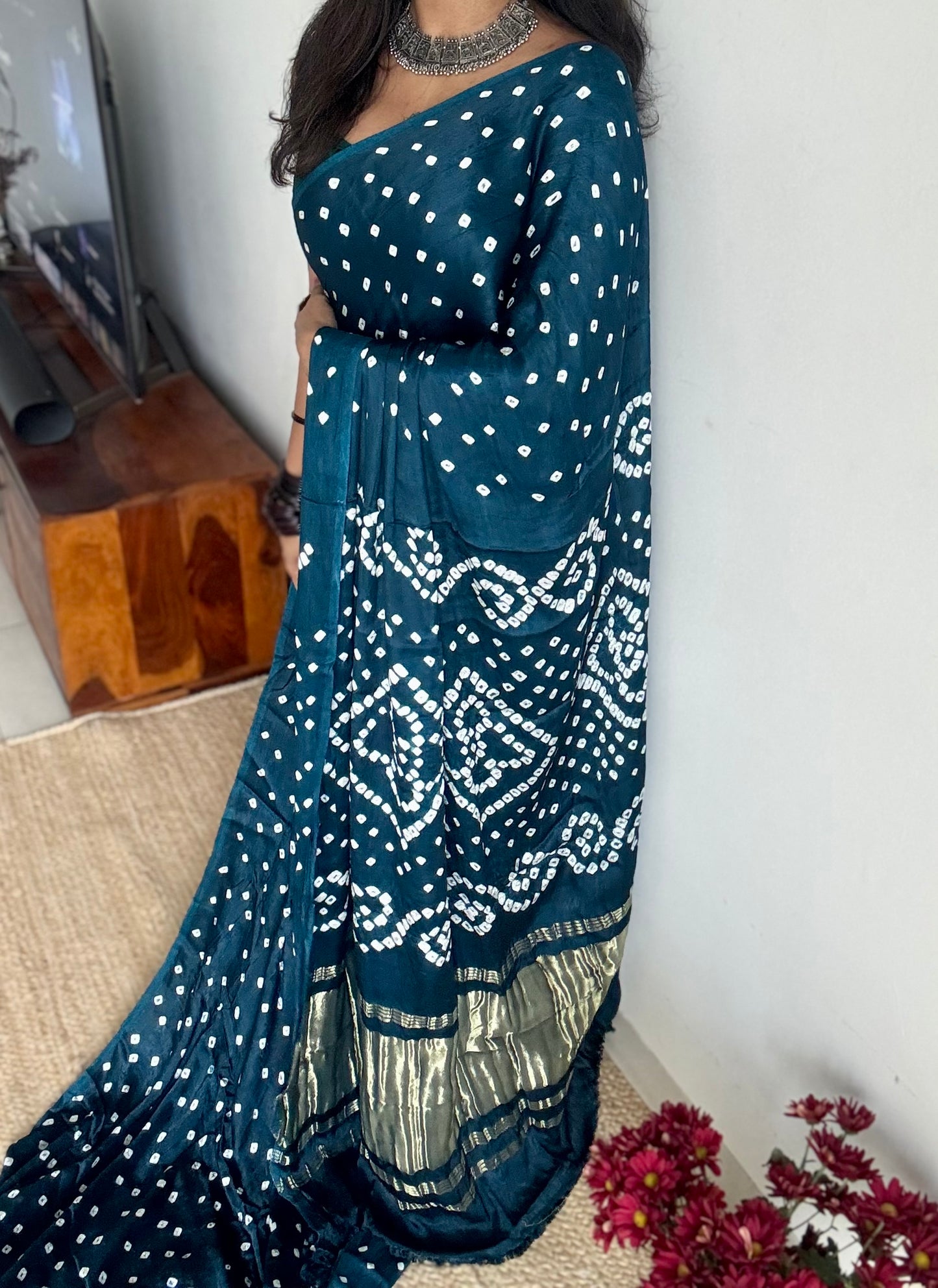 Peacock blue, crushed bandhani modal silk with lagdi patta (zari pallu) - YCDESE26
