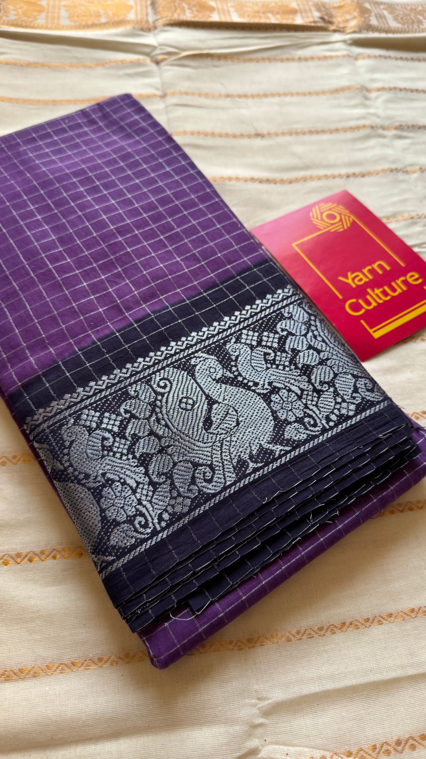 Purple with dark blue, silver zari checkered sungudi, kattuchayam dyed madurai cotton - YCCOTNMSAP105