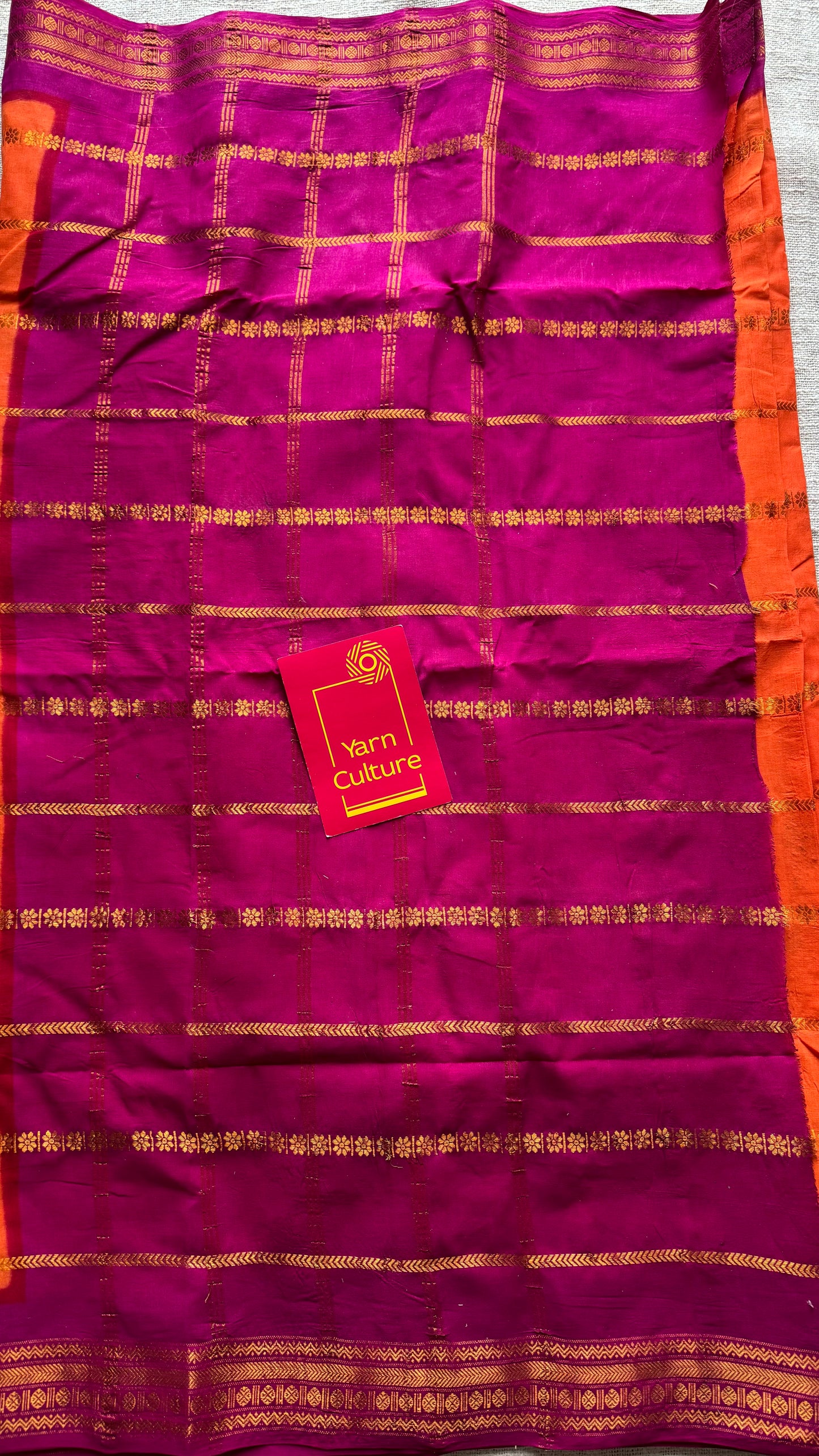 Bright orange with magenta patterned veldhaari, kattuchayam dyed, madurai cotton - YCCOTNSEMS93