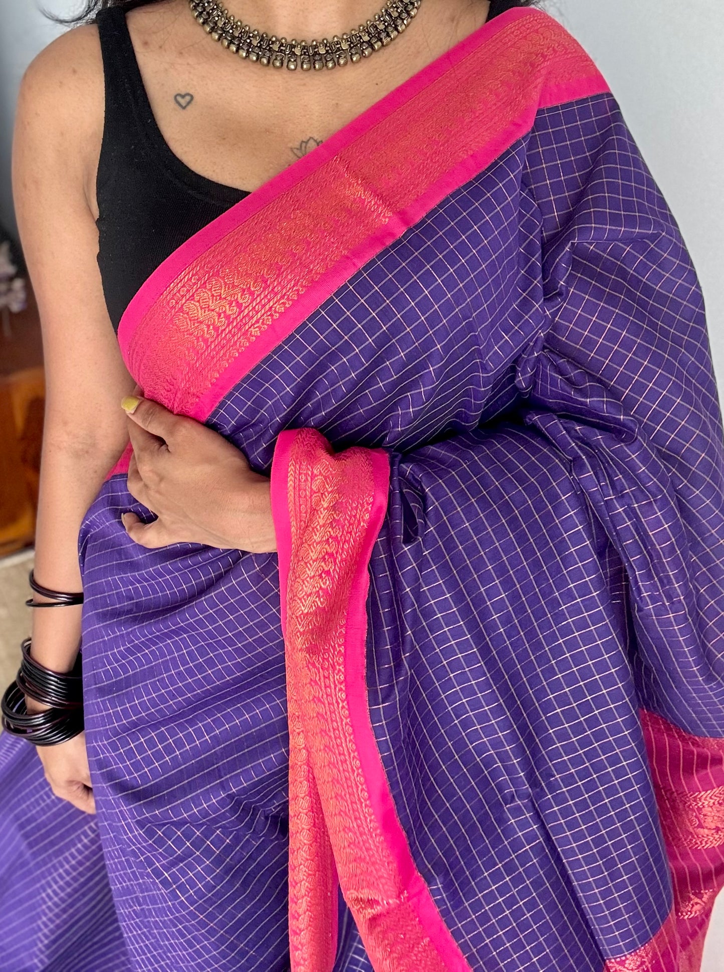 Navy blue with pink, checks - cotton silk - YCCOTNSEKCS13