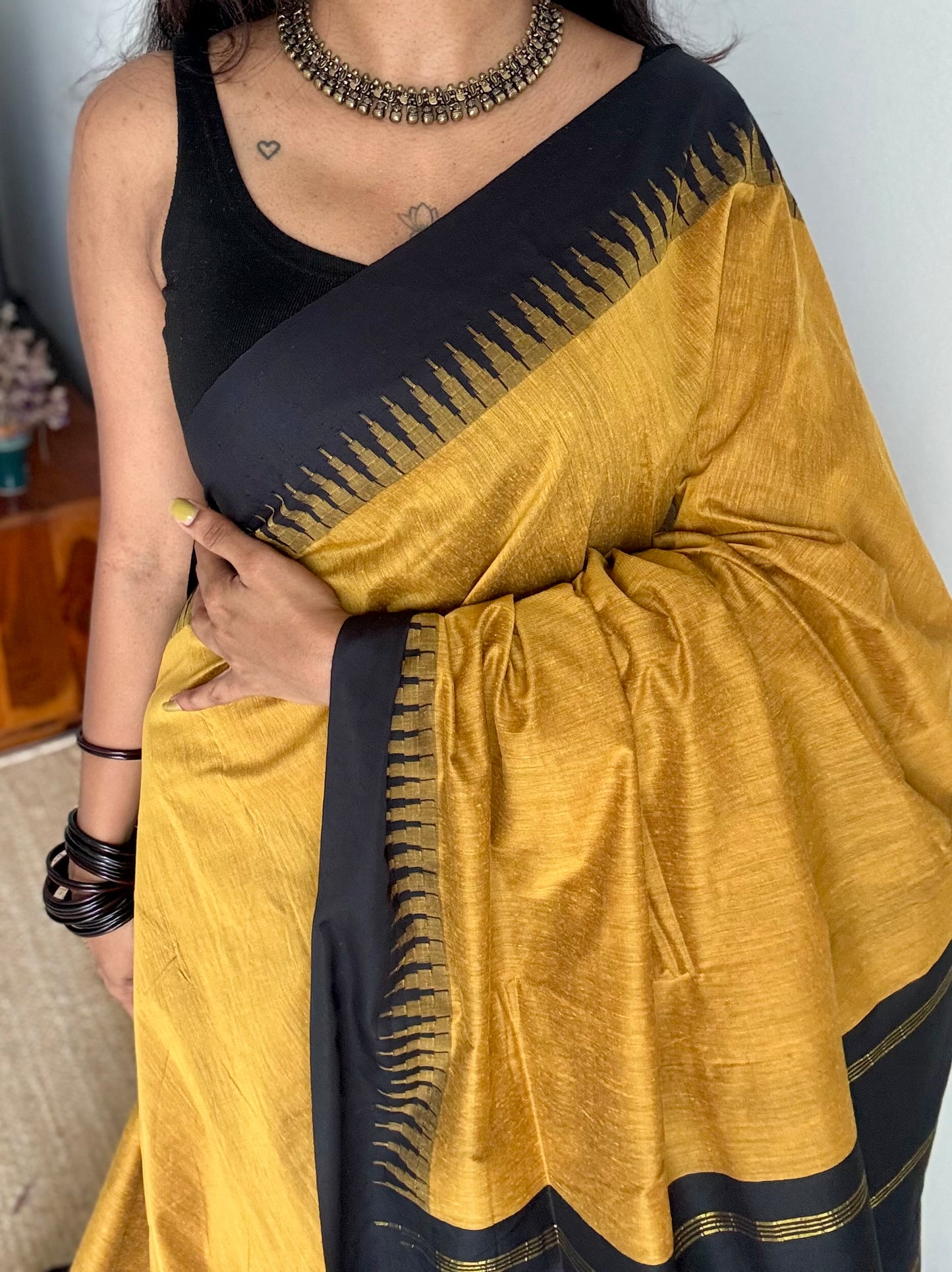 Yellow with black temple border - cotton silk - YCCOTNOCKCS1